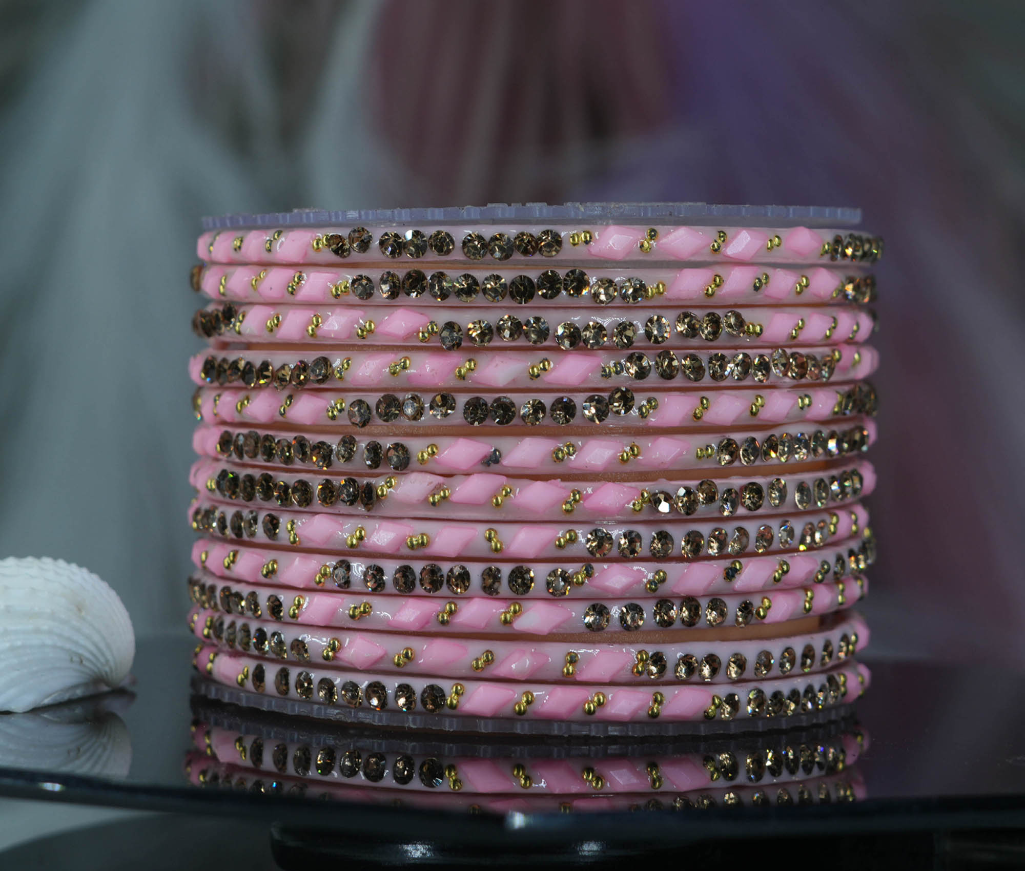 B Pink Color Glass Bangles with Pearl Stone Studded Cutting Design for Women & Girls