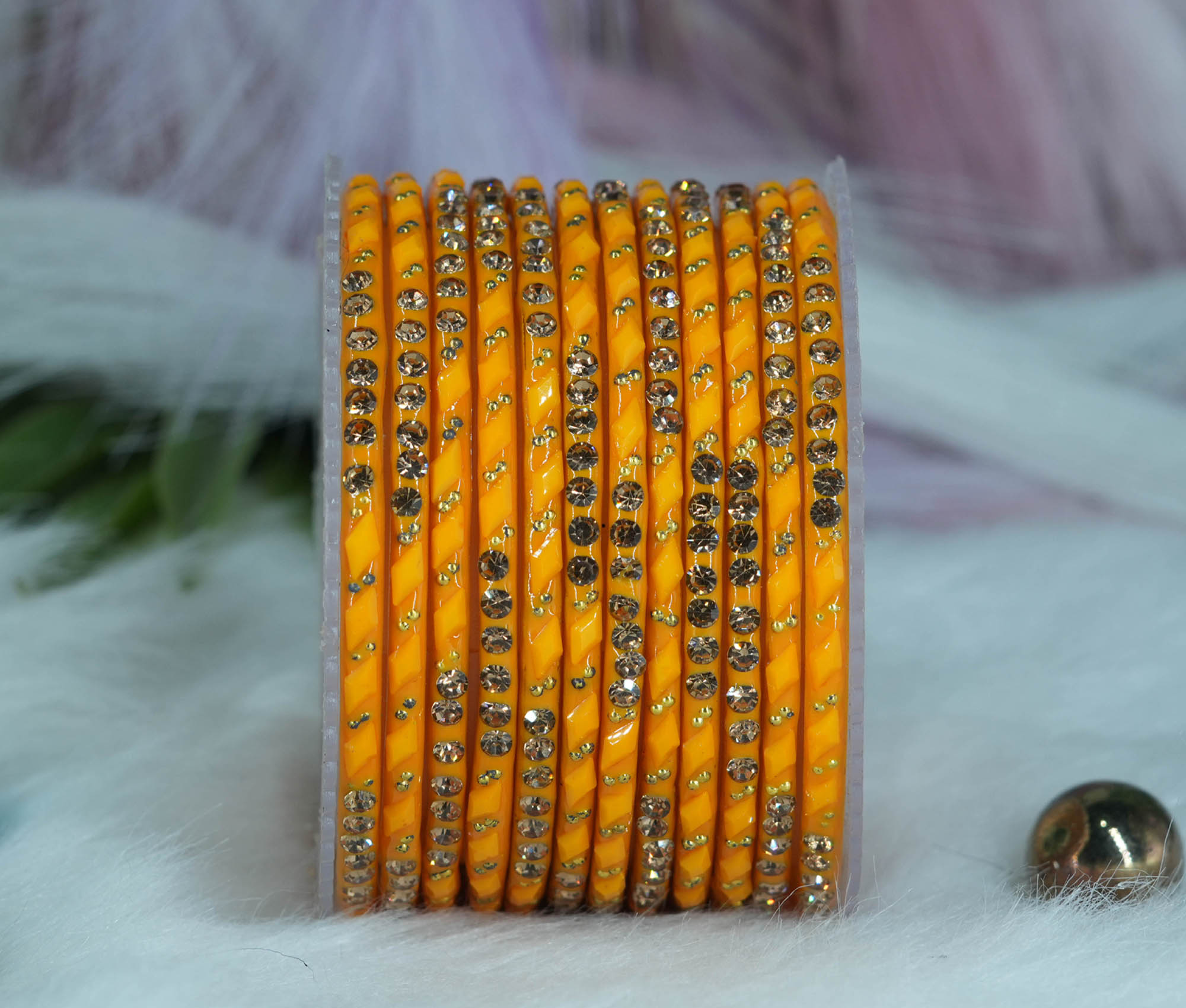 Haldi Color Glass Bangles with Pearl Stone Studded Cutting Design for Women & Girls