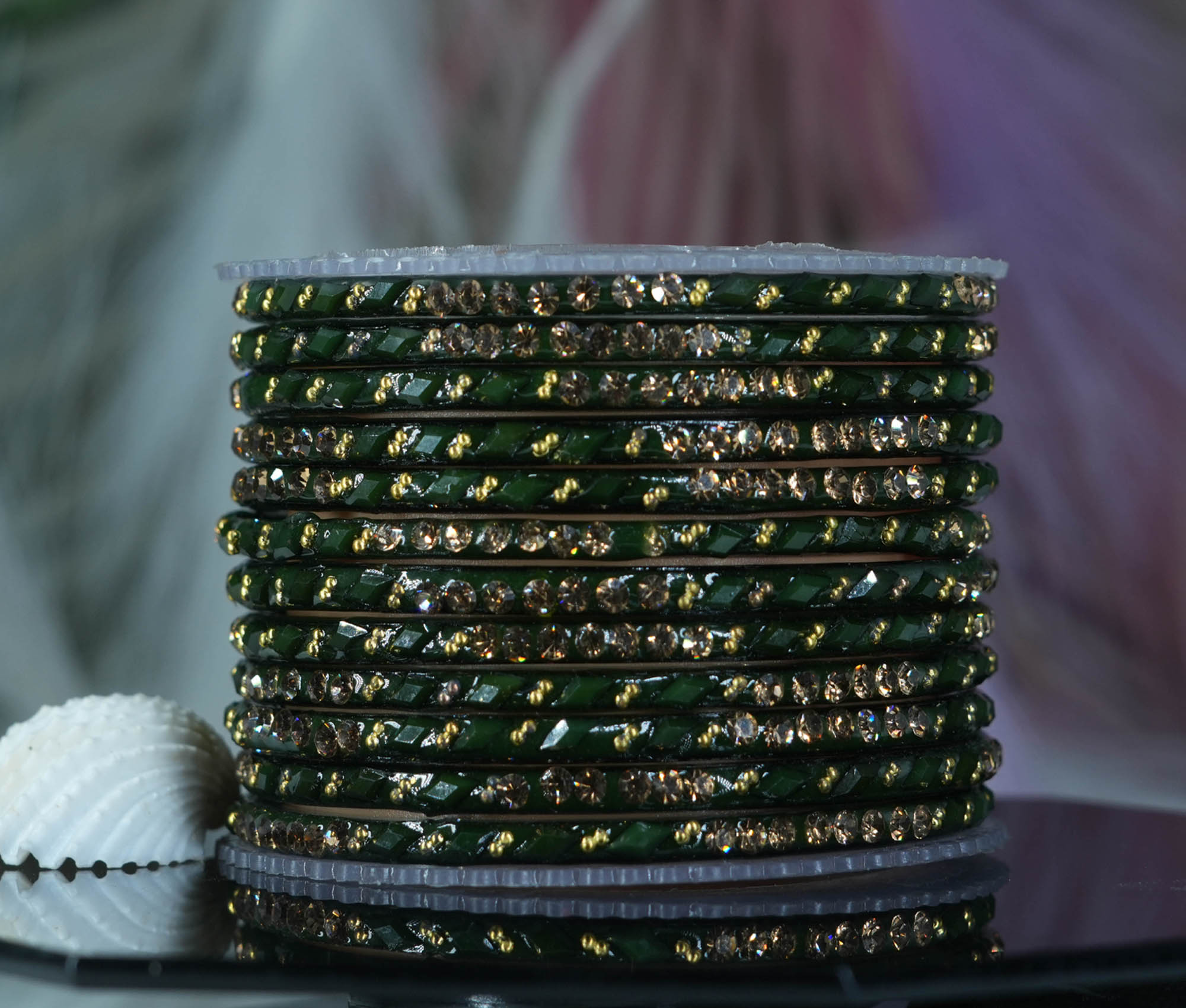 Dark Green Color Glass Bangles with Pearl Stone Studded Cutting Design for Women & Girls