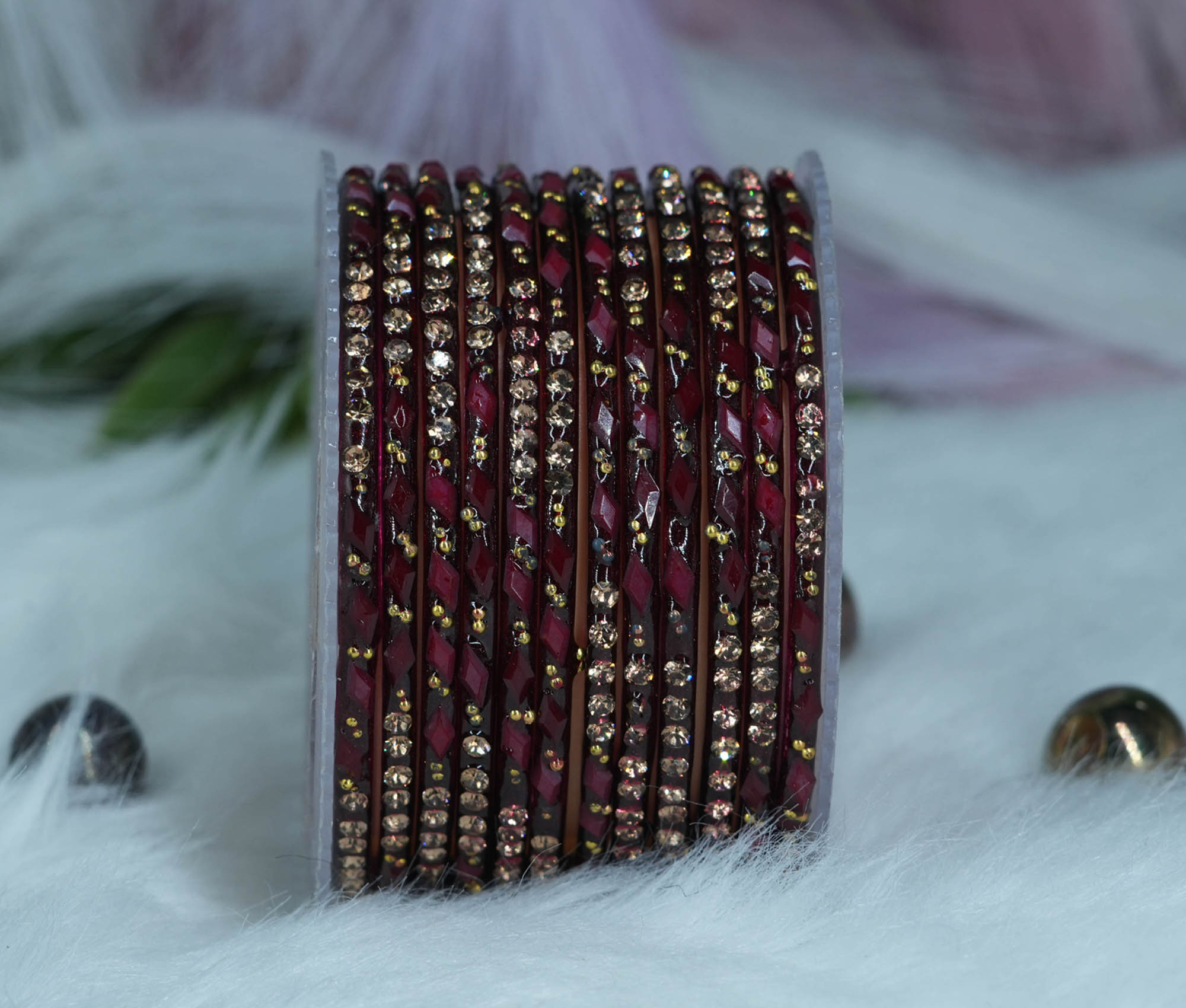 Maroon Color Glass Bangles with Pearl Stone Studded Cutting Design for Women & Girls