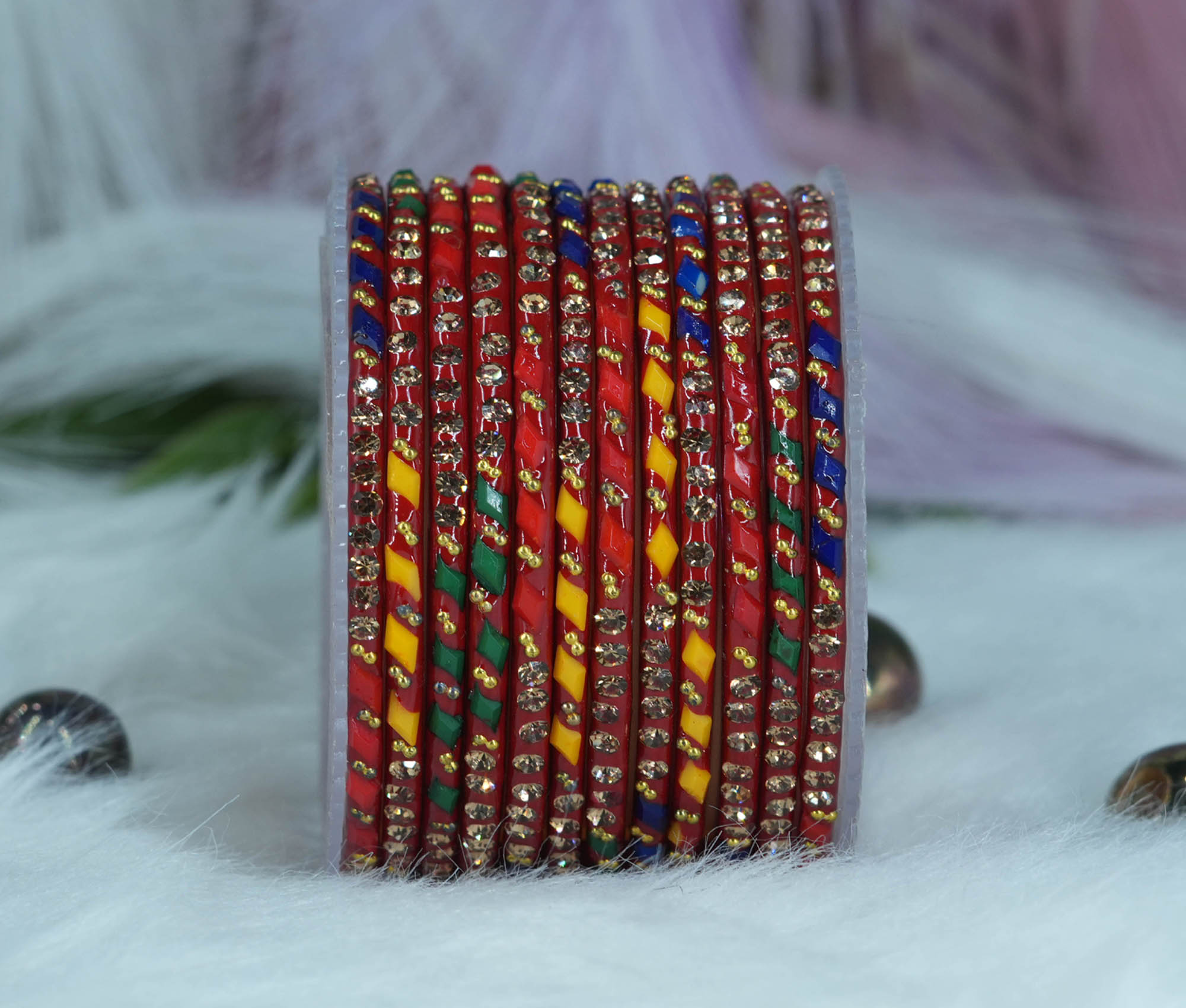 Multi Color Glass Bangles with Pearl Stone Studded Cutting Design for Women & Girls