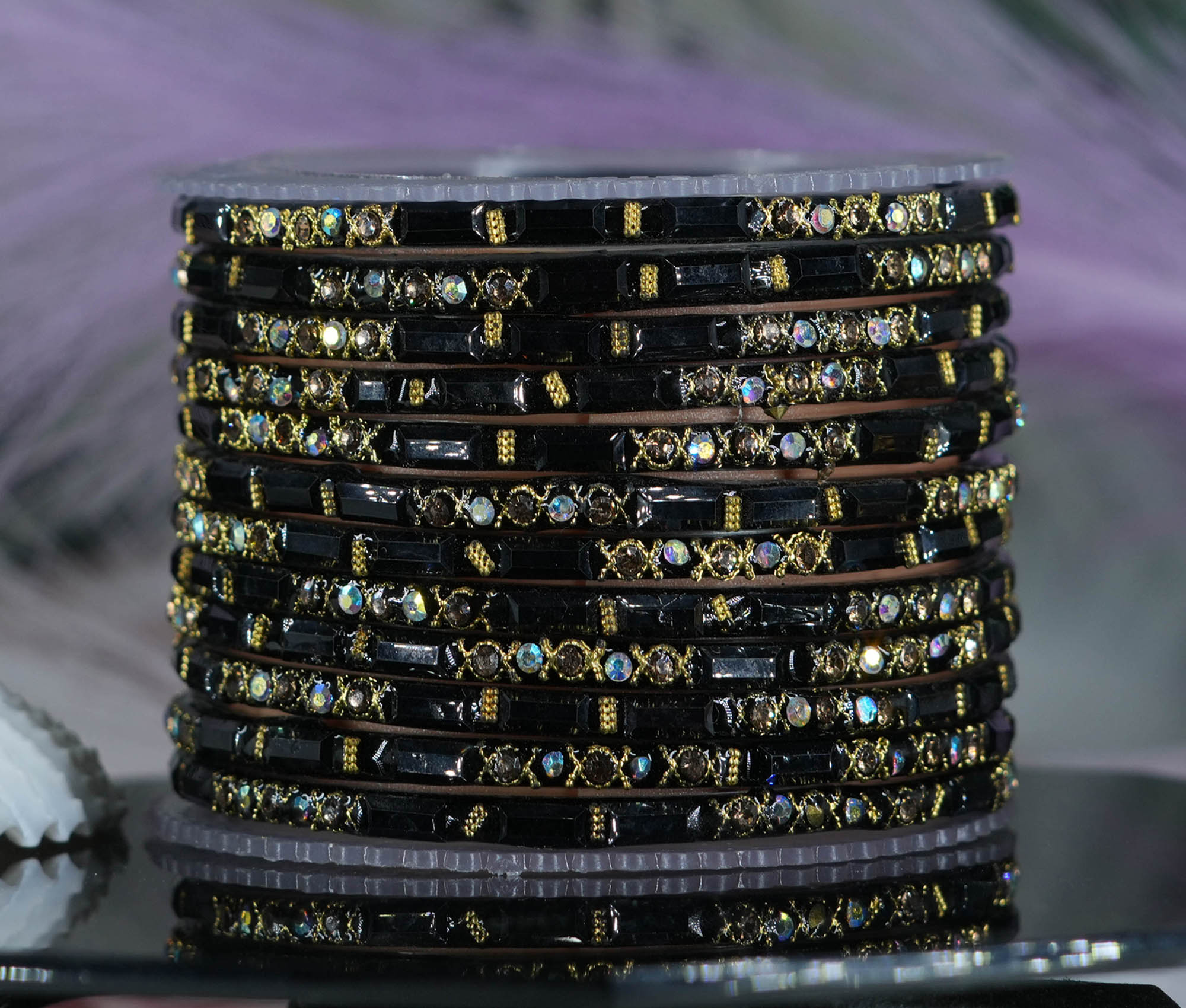 Fancy Black Color Glass Bangles with Zircon Studded Stone Design for Women & Girls