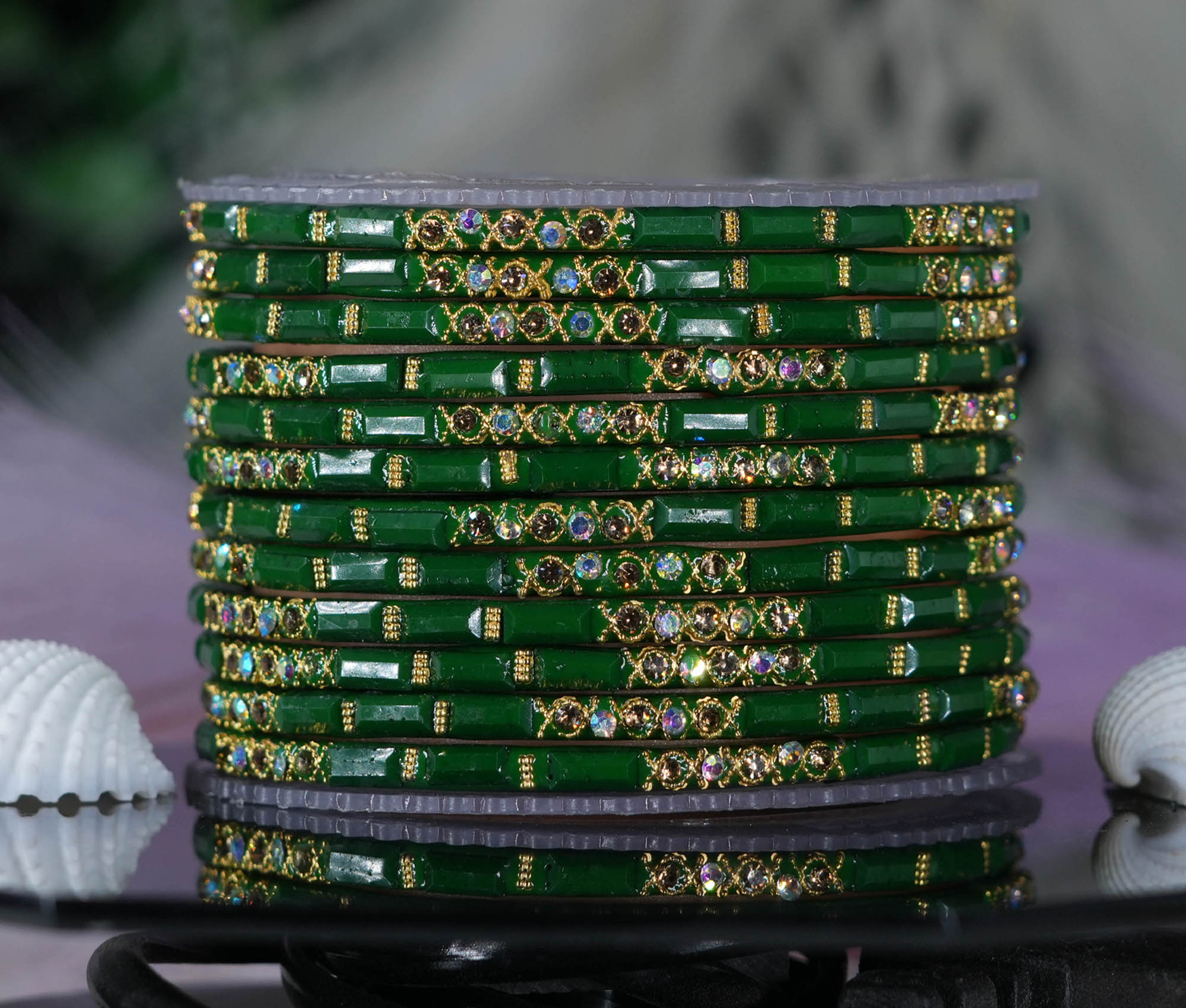 Fancy Green Color Glass Bangles with Zircon Studded Stone Design for Women & Girls