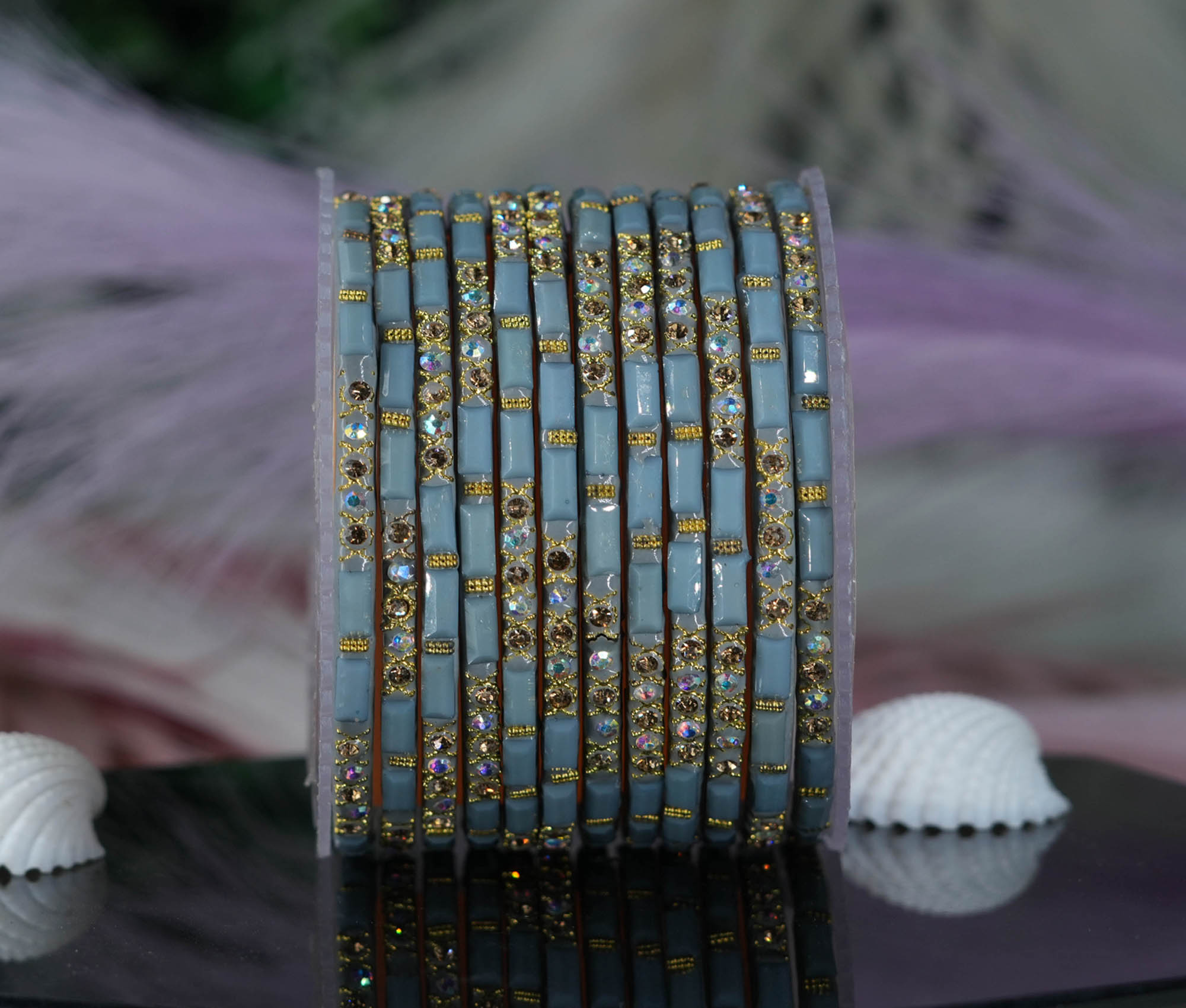 Fancy Grey Color Glass Bangles with Zircon Studded Stone Design for Women & Girls