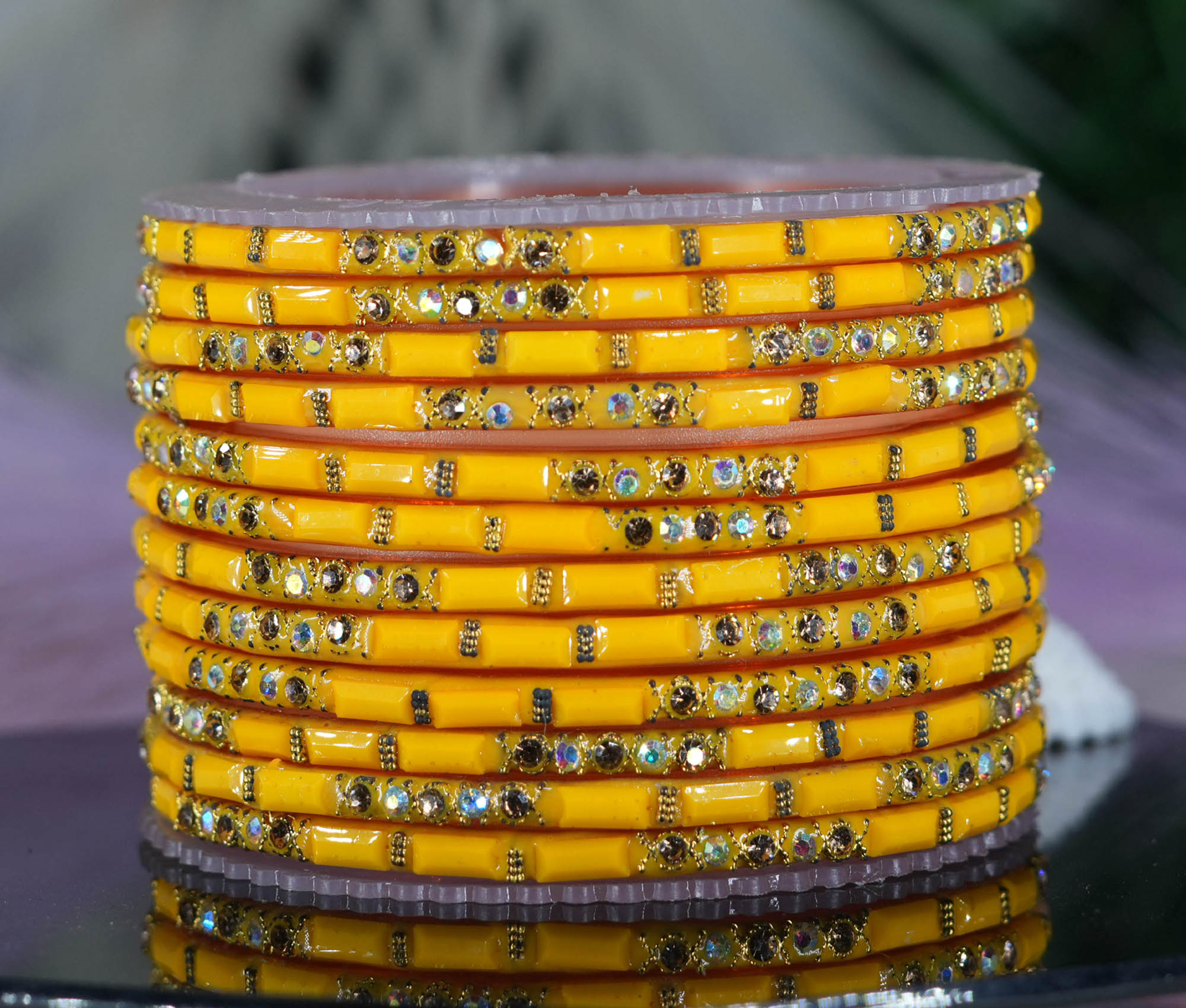 Fancy Haldi Color Glass Bangles with Zircon Studded Stone Design for Women & Girls