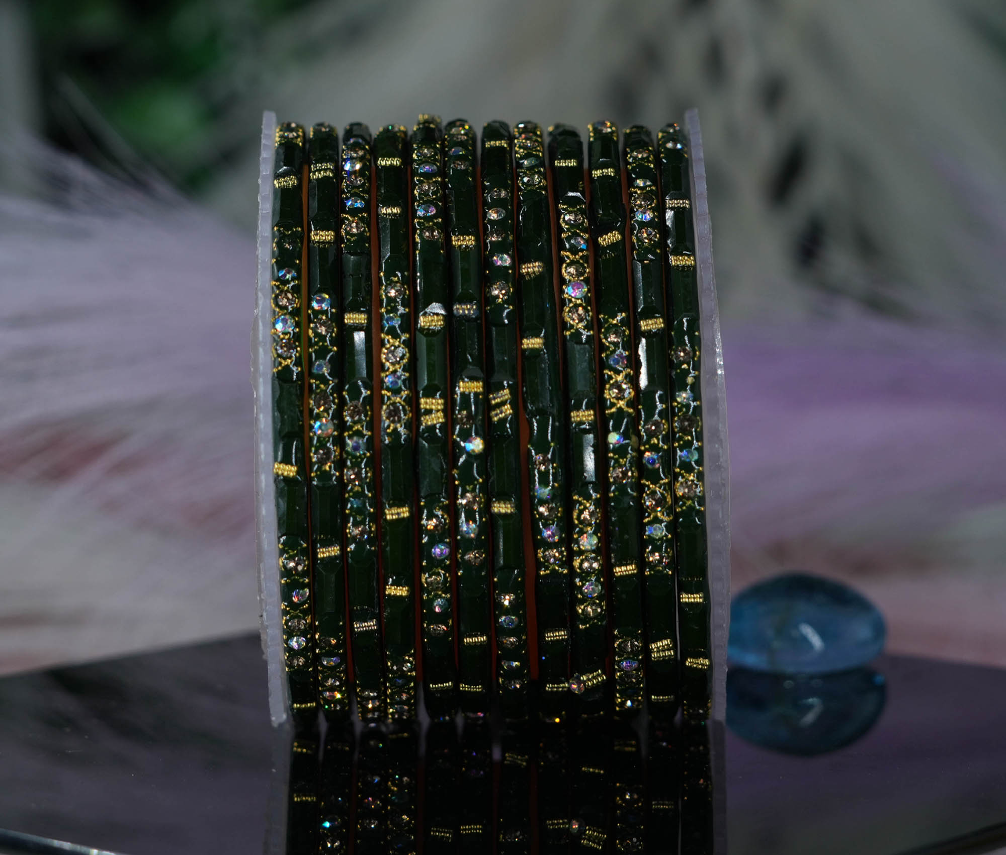 Fancy Dark Green Color Glass Bangles with Zircon Studded Stone Design for Women & Girls