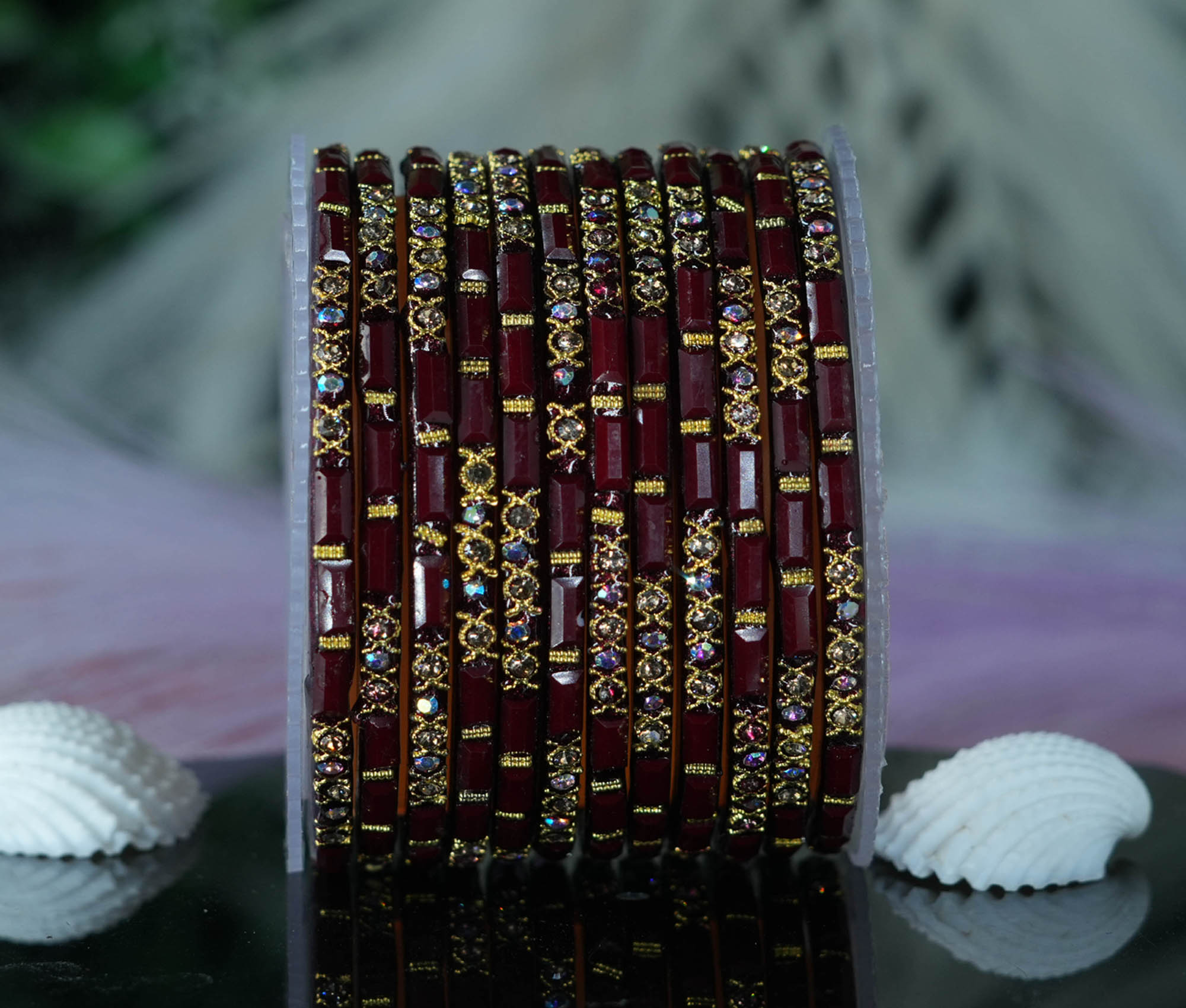 Fancy Maroon Color Glass Bangles with Zircon Studded Stone Design for Women & Girls