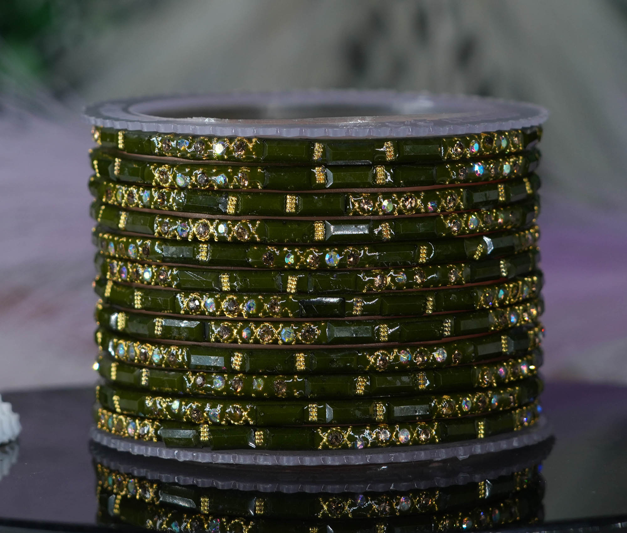 Fancy Mehndi Color Glass Bangles with Zircon Studded Stone Design for Women & Girls