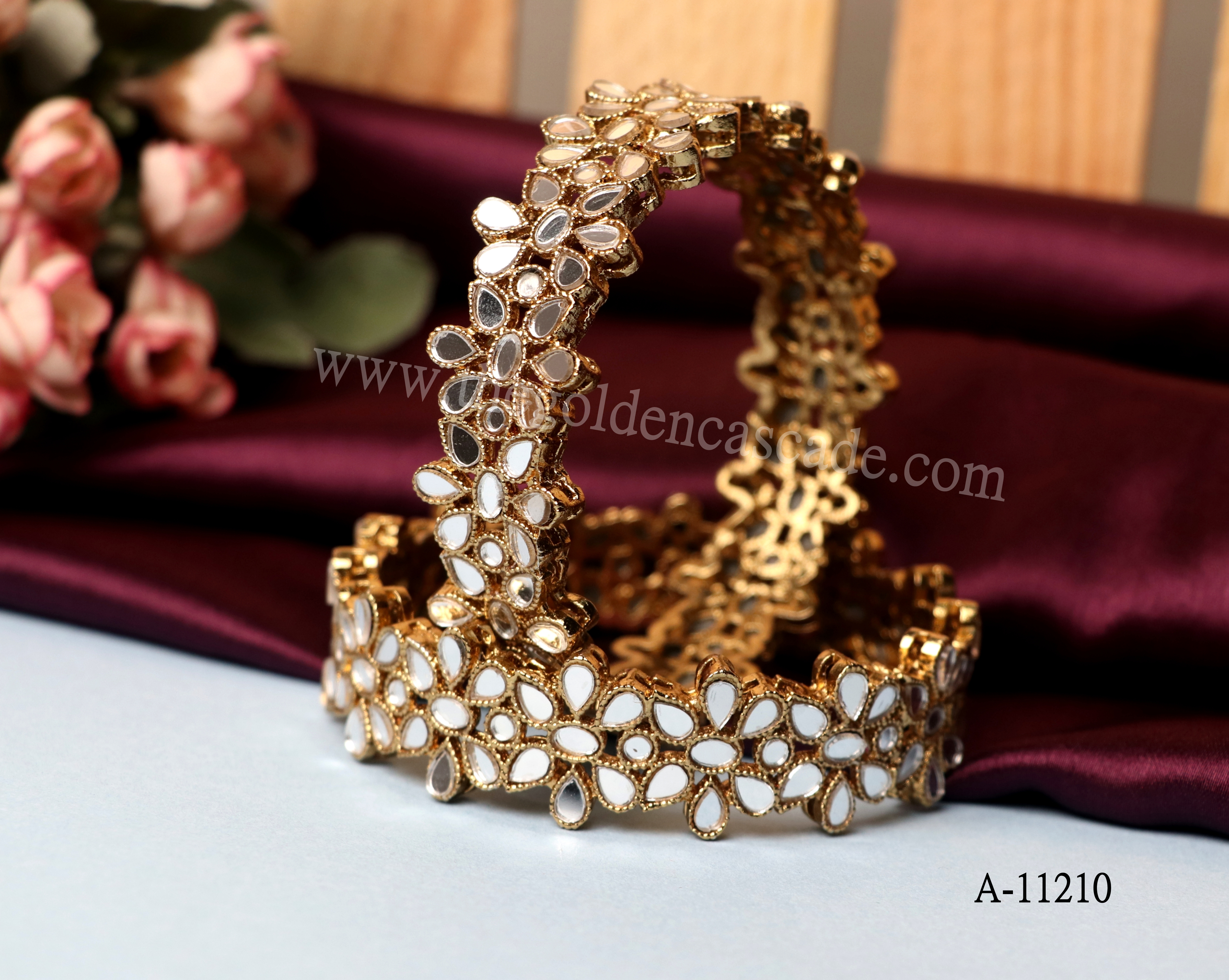 Gold Plated Mirror Studded Design Jewelry Metal Kada / Bangles for Women & Girls / (A-11210)