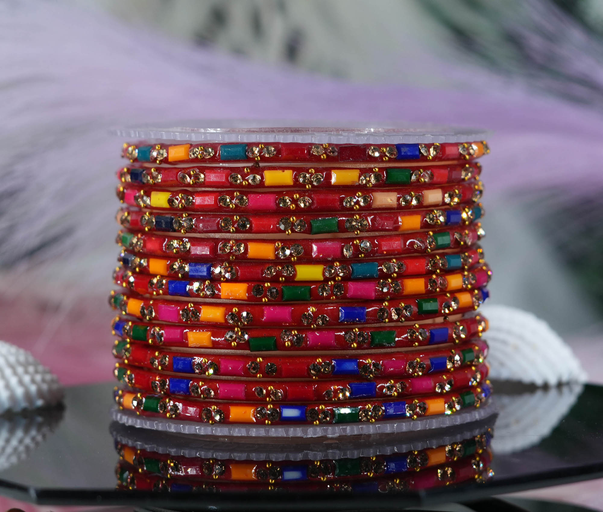 Fancy Multi Color Glass Bangles Cutting Design with Studded Stone for Women & Girls