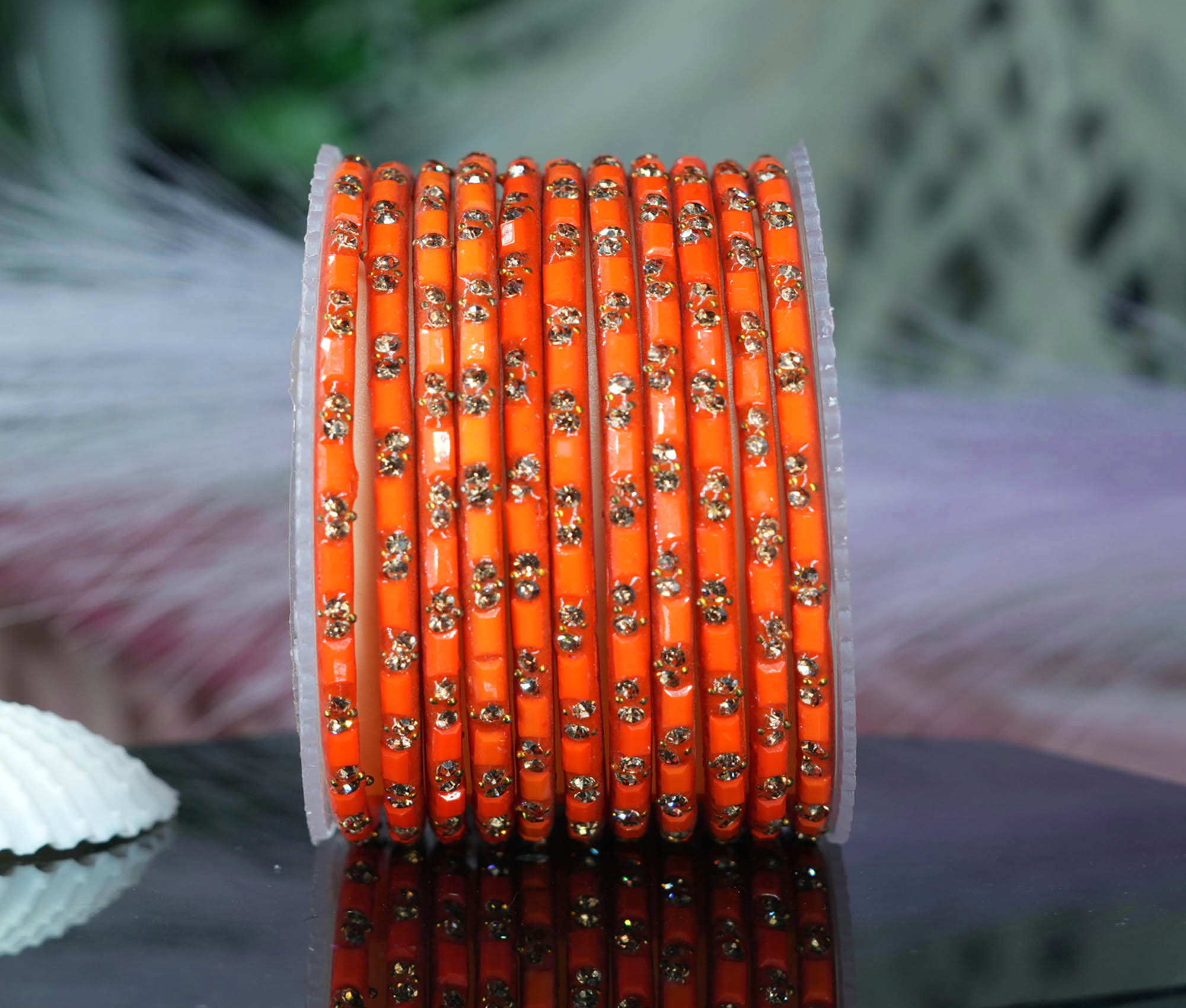 Fancy Orange Color Glass Bangles Cutting Design with Studded Stone for Women & Girls