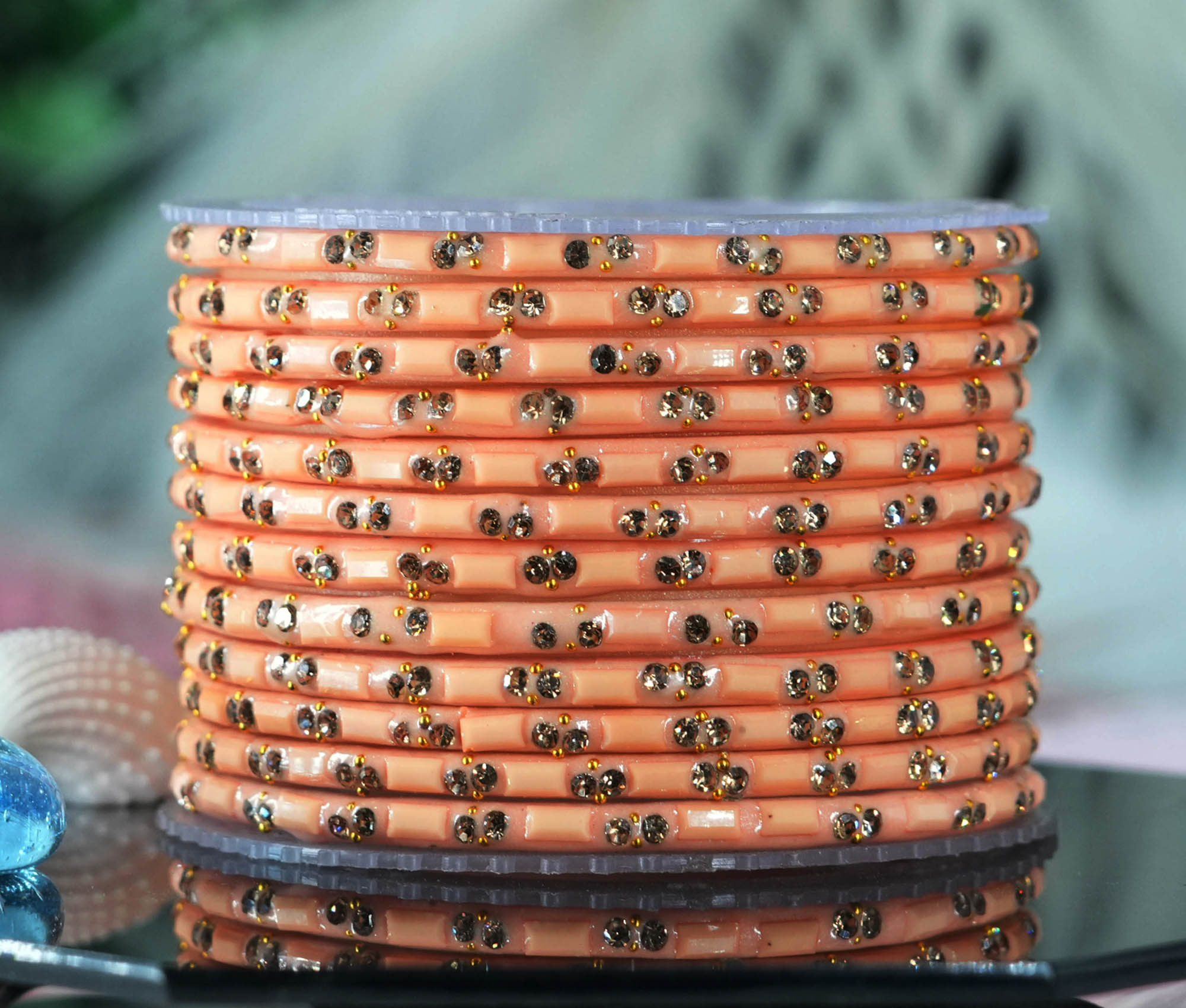 Fancy Peach Color Glass Bangles Cutting Design with Studded Stone for Women & Girls