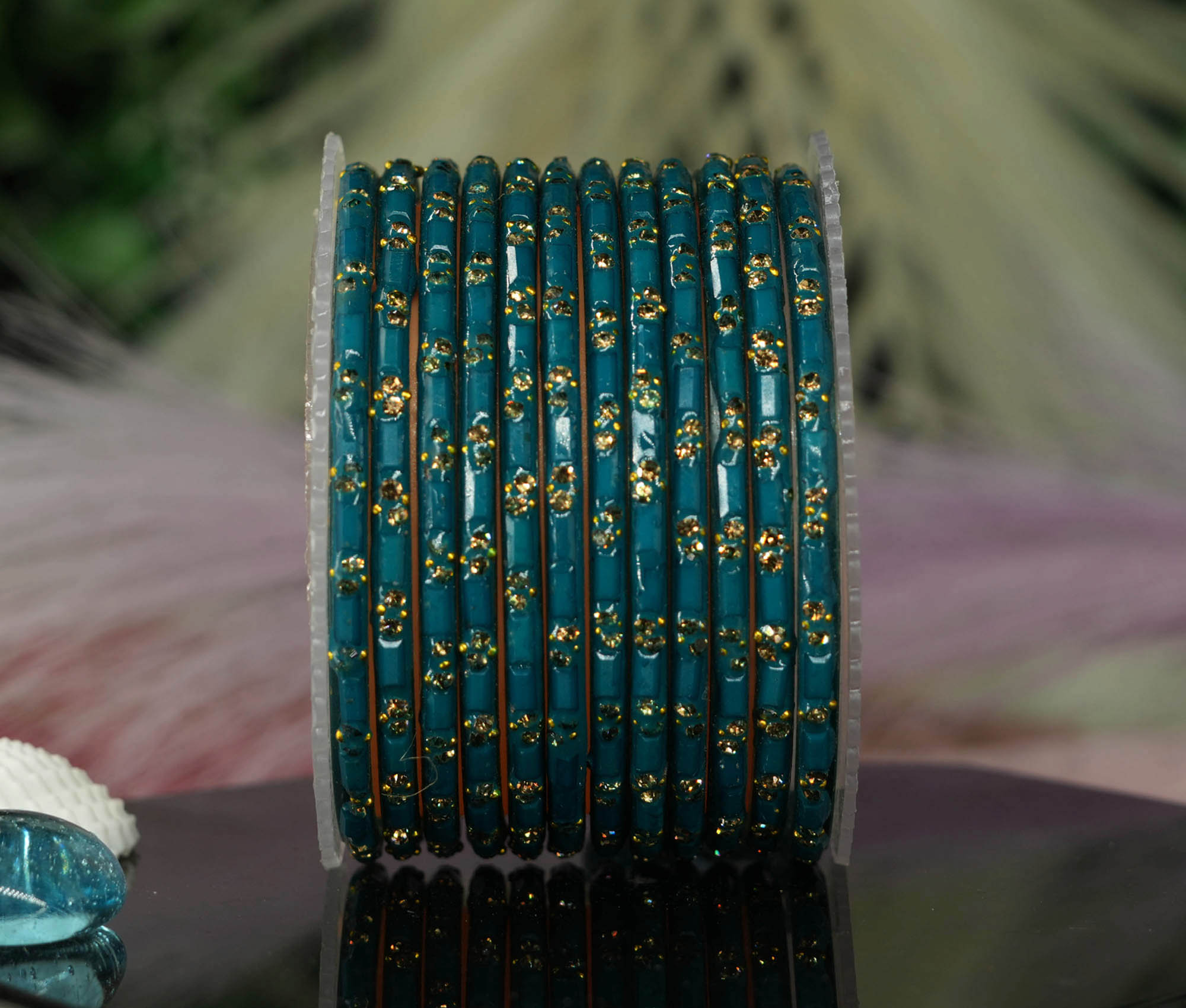 Fancy Peacock Color Glass Bangles Cutting Design with Studded Stone for Women & Girls