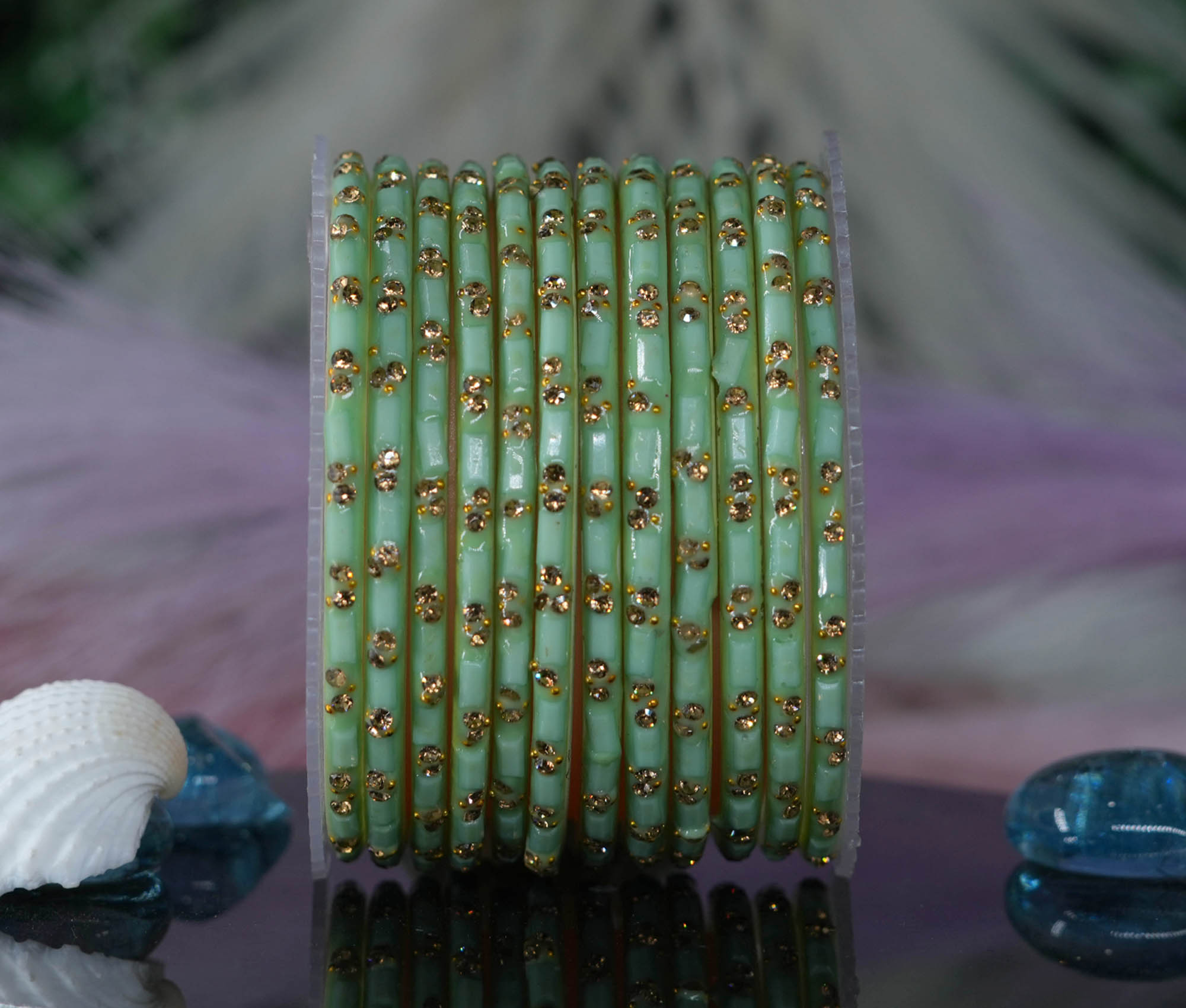 Fancy Pista Color Glass Bangles Cutting Design with Studded Stone for Women & Girls