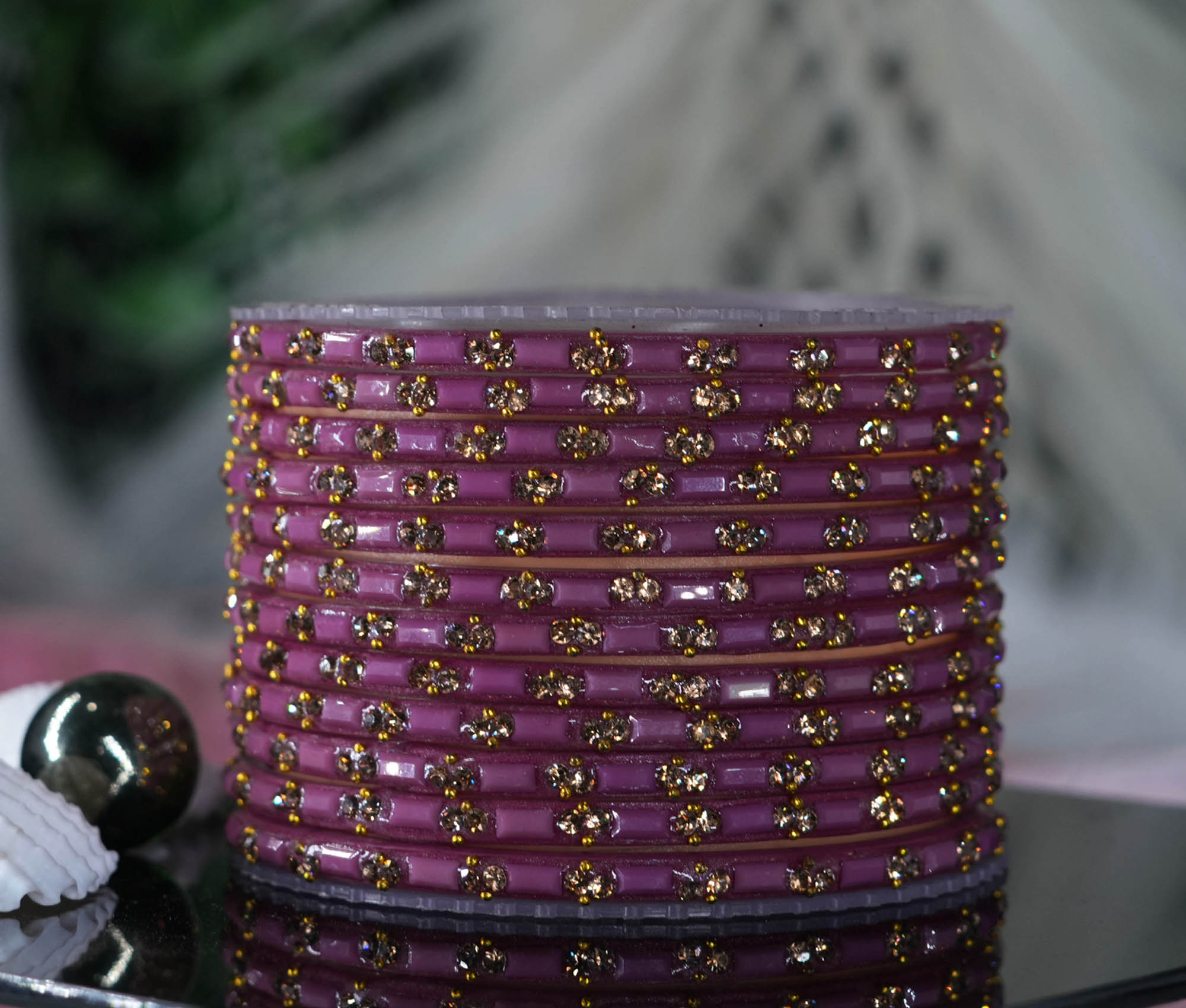 Fancy Pyazi Color Glass Bangles Cutting Design with Studded Stone for Women & Girls