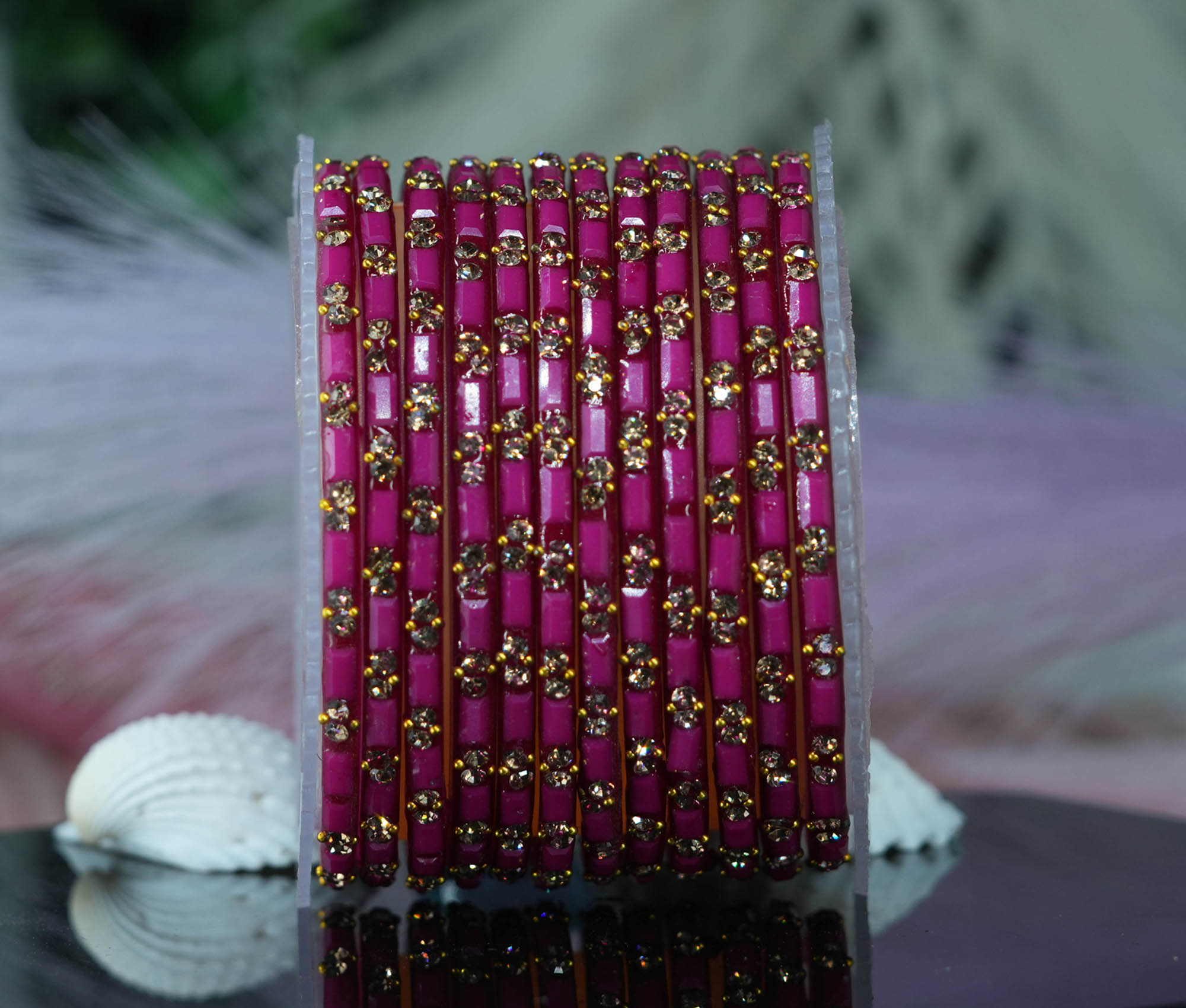 Fancy Rani Color Glass Bangles Cutting Design with Studded Stone for Women & Girls