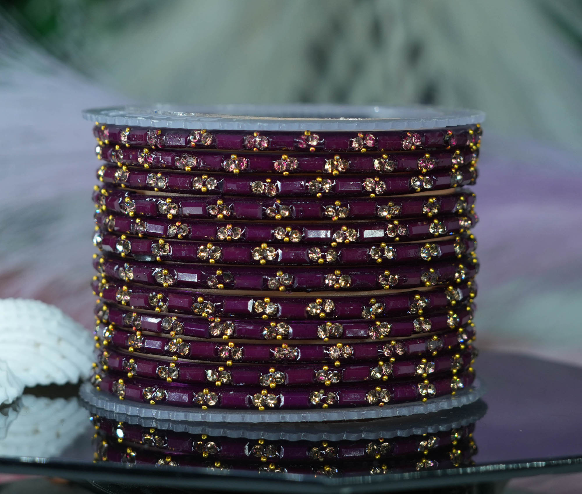 Fancy Wine Color Glass Bangles Cutting Design with Studded Stone for Women & Girls