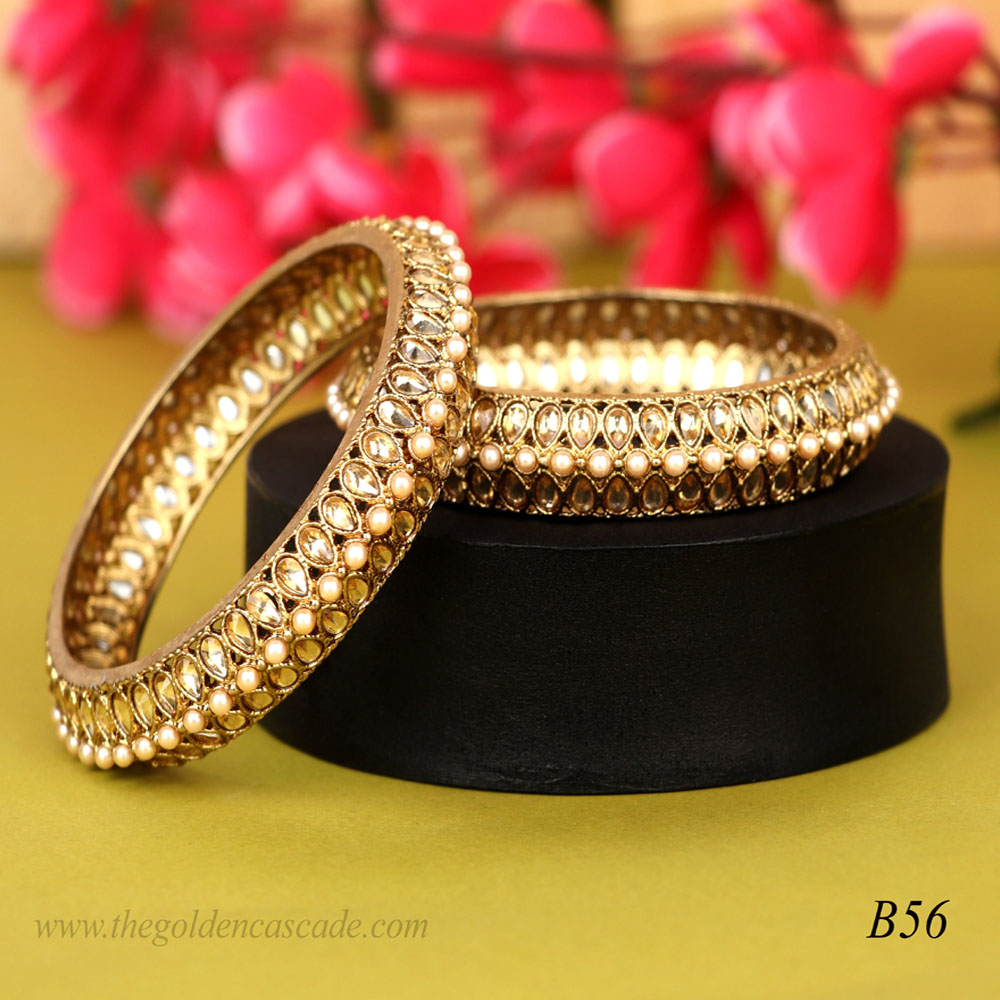 Fancy Gold Plated wtih Pearl Stone Studded Design Jewelry Metal Kada / Bangles for Women & Girls / (B-56)