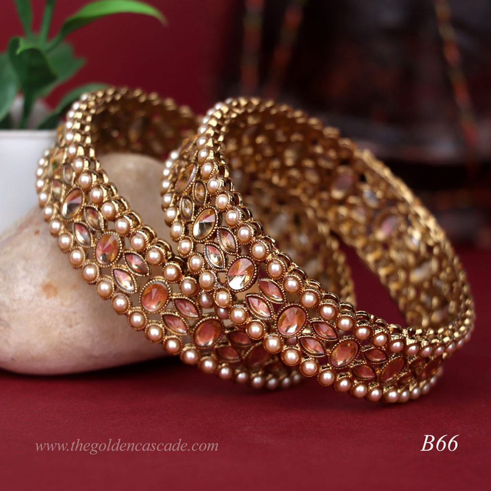 Fancy Gold Plated wtih Pearl Stone Studded Design Jewelry Metal Kada / Bangles for Women & Girls / (B-66)