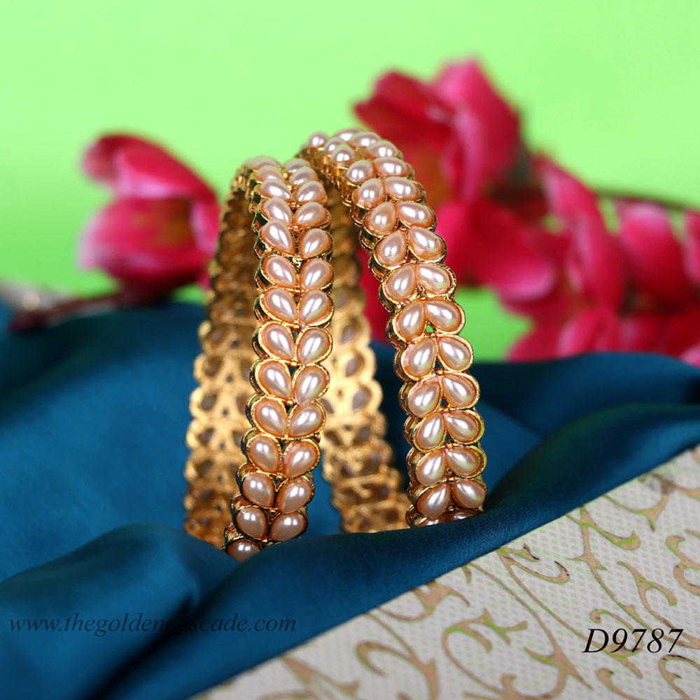 Fancy Gold Plated wtih Pearl Studded Design Jewelry Metal Kada / Bangles for Women & Girls / (D-9787) 