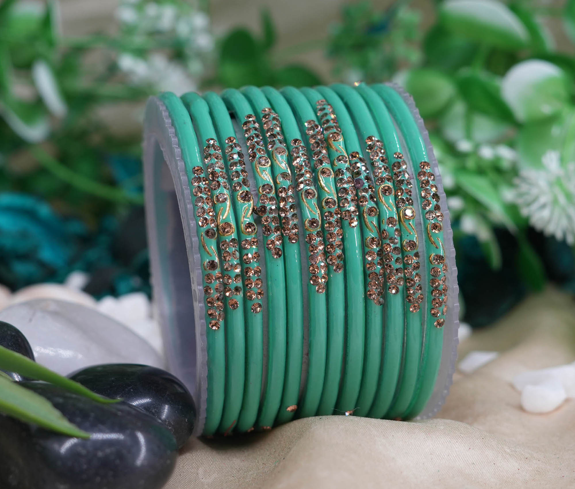 Fancy Shining Sentro Color Glass Bangles with Stone Studded Design for Women & Girls