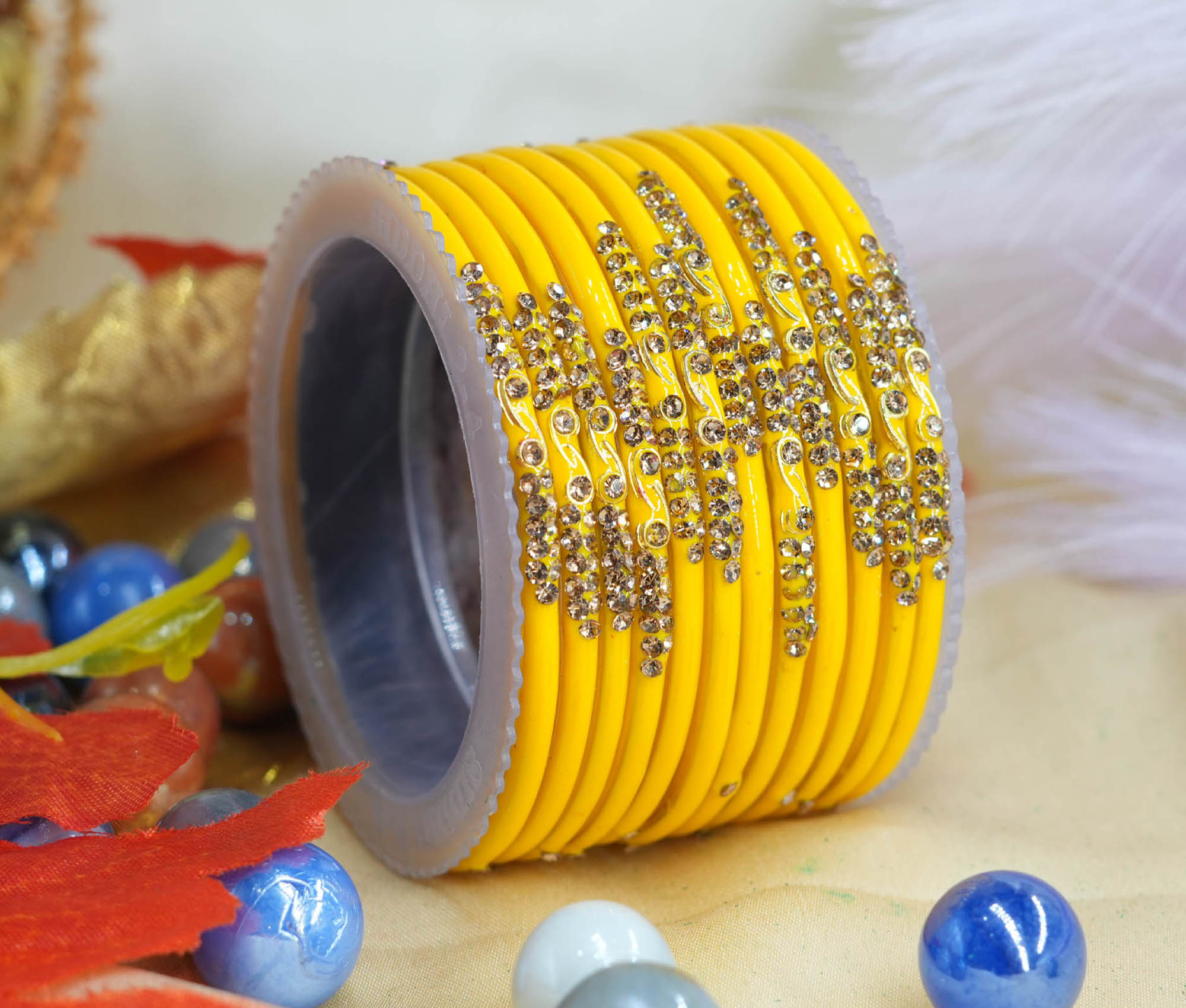 Fancy Shining Yellow Color Glass Bangles with Stone Studded Design for Women & Girls