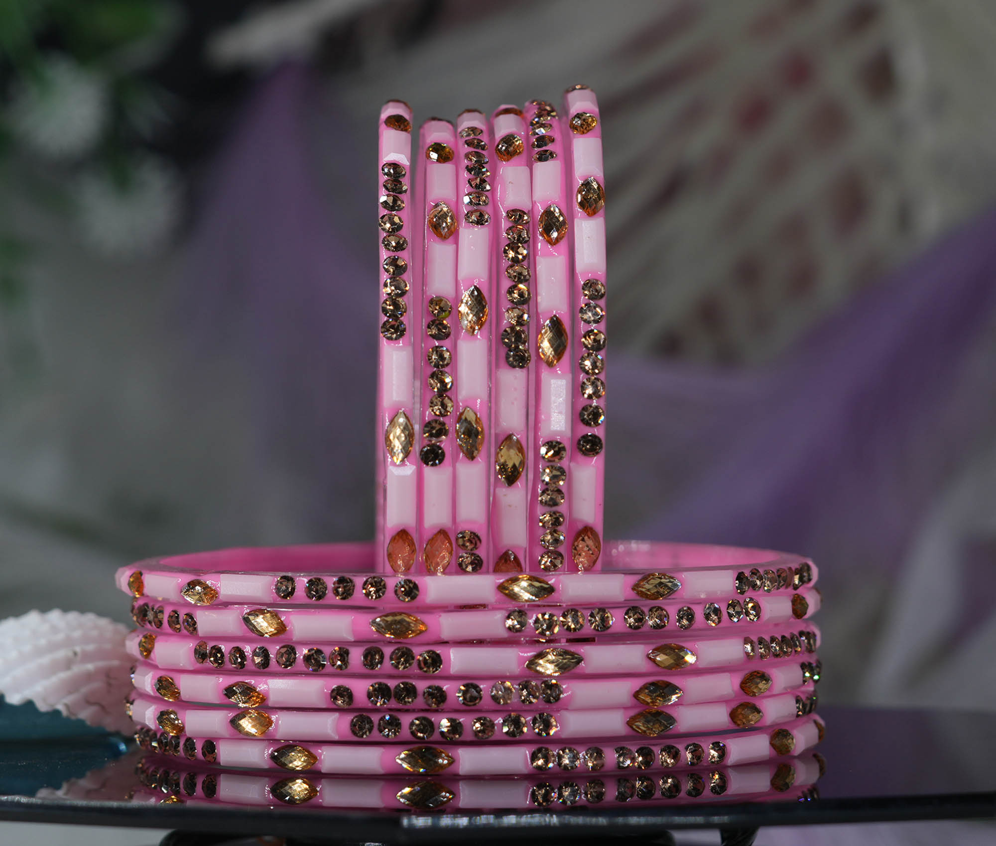 Fancy Pink Color Glass Bangles with Stone Studded Cutting Design for Women & Girls