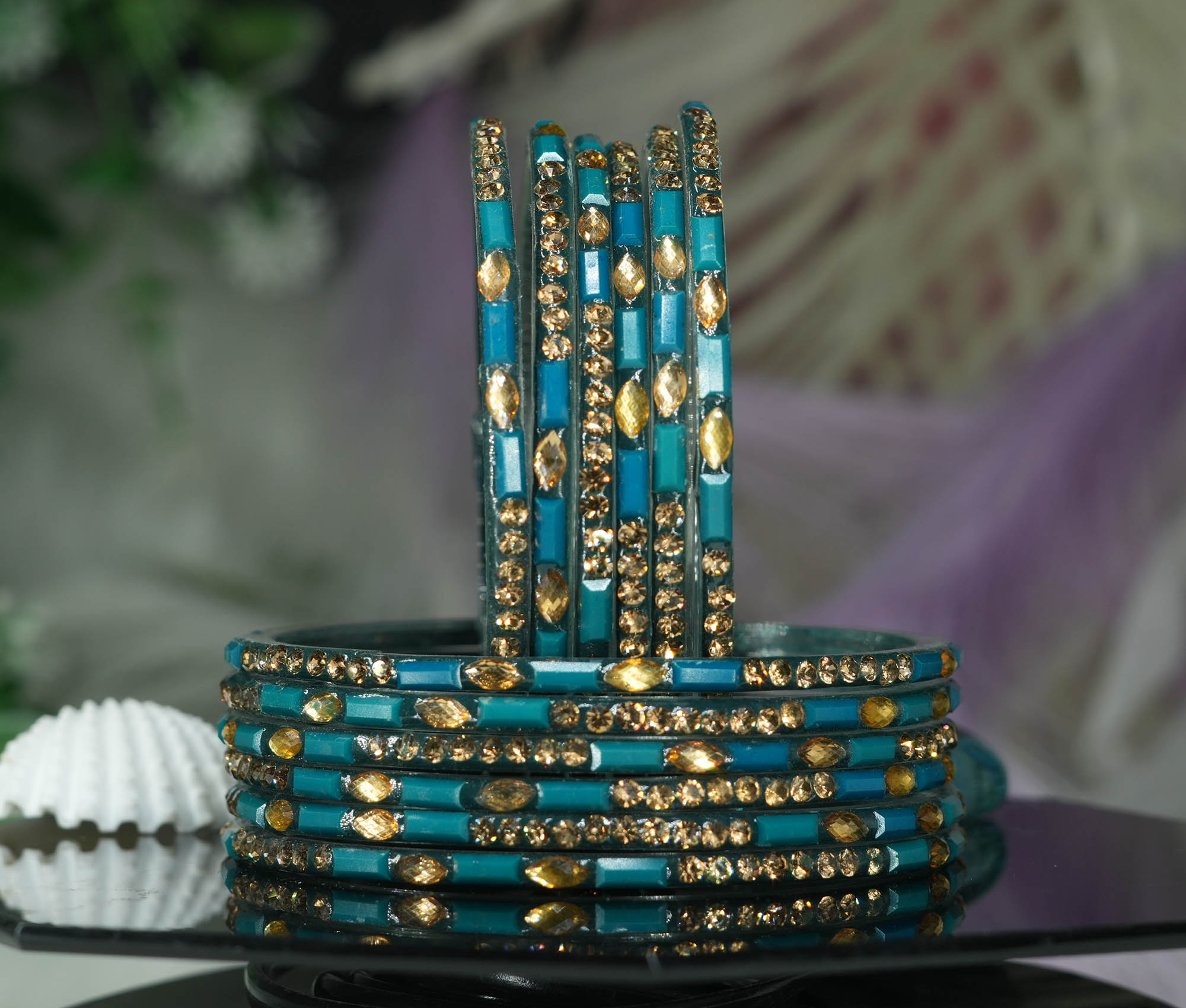 Fancy Radium Color Glass Bangles with Stone Studded Cutting Design for Women & Girls