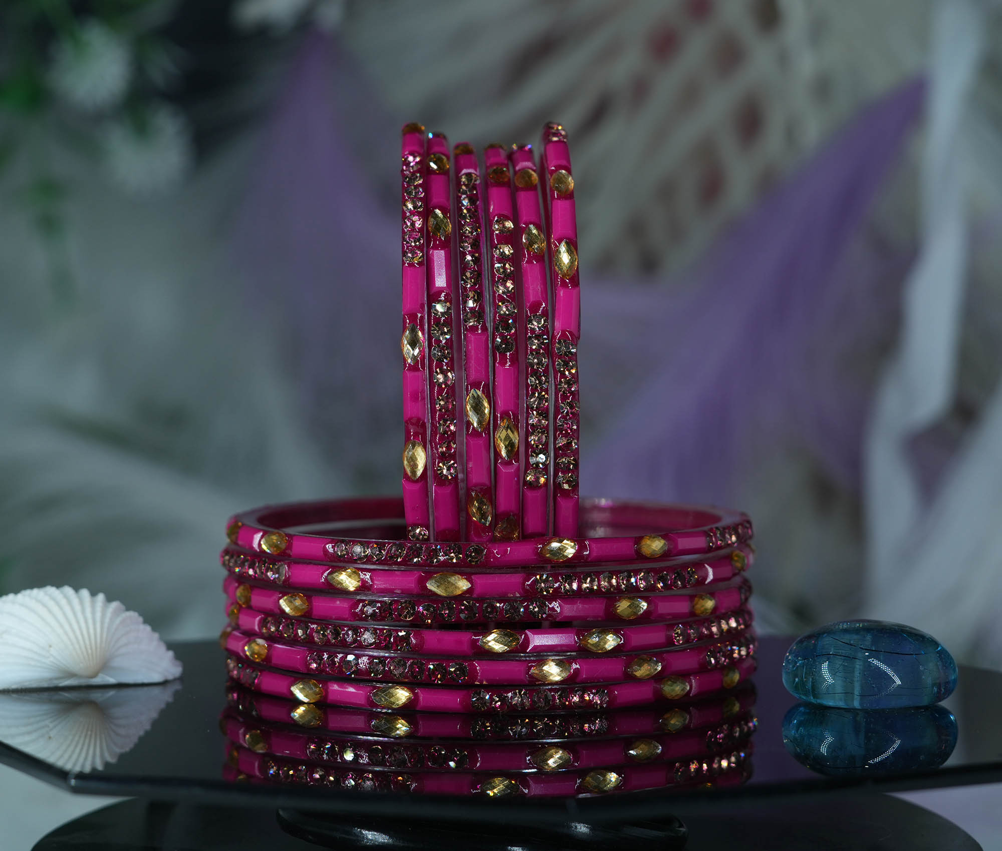 Fancy Rani Color Glass Bangles with Stone Studded Cutting Design for Women & Girls