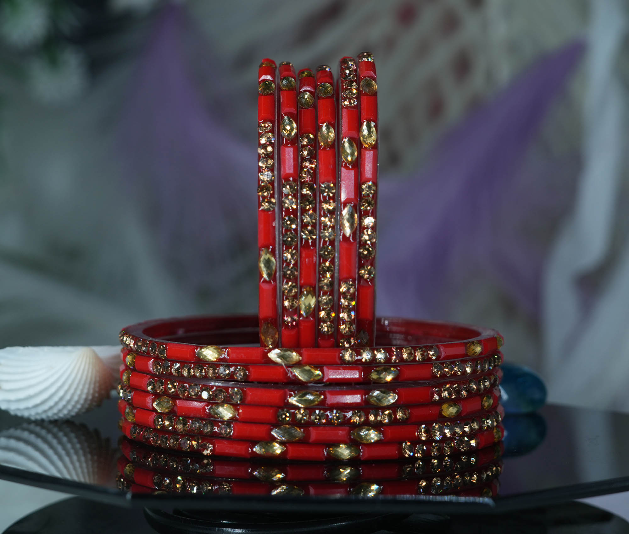 Fancy Red Color Glass Bangles with Stone Studded Cutting Design for Women & Girls