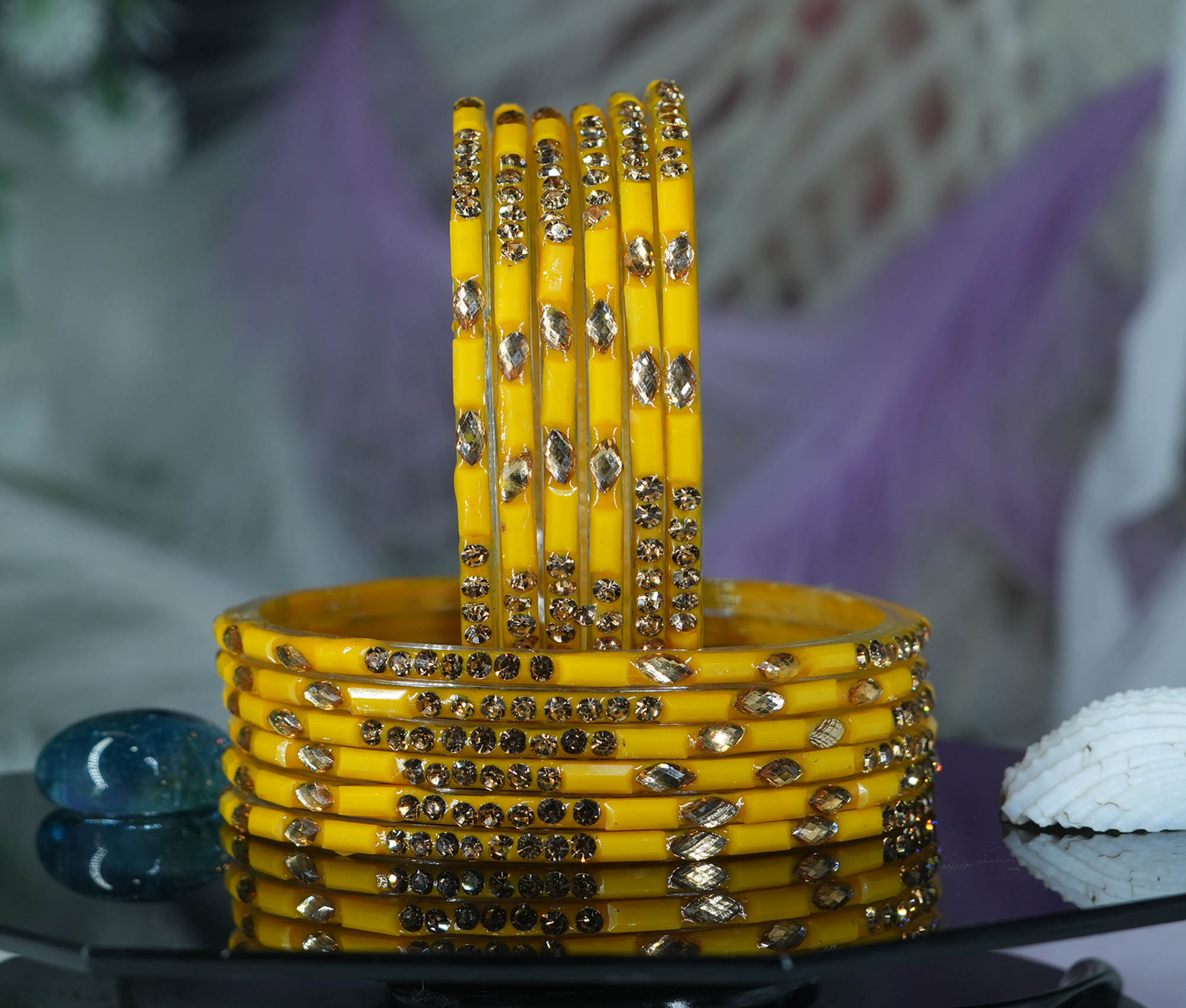 Fancy Yellow Color Glass Bangles with Stone Studded Cutting Design for Women & Girls