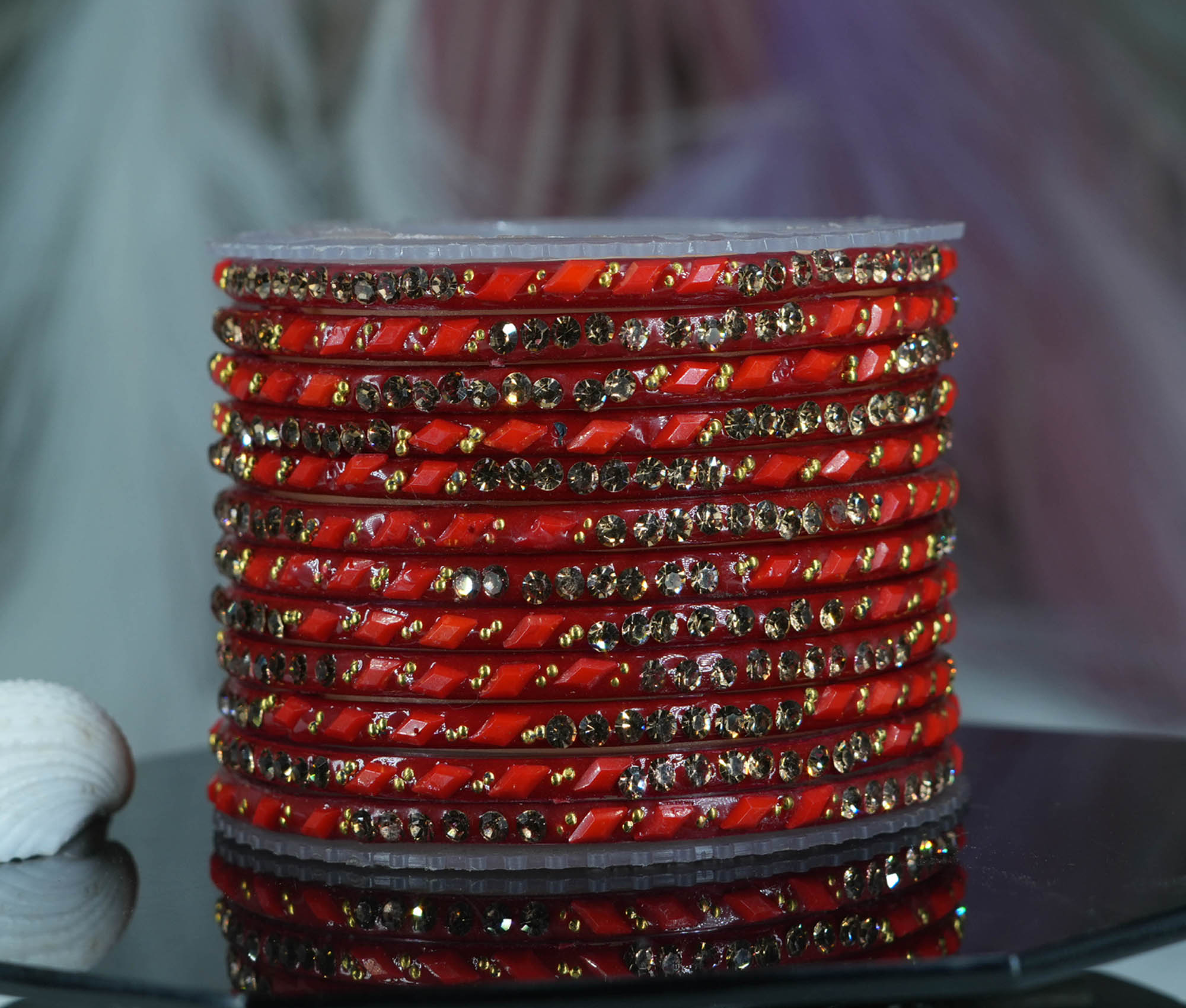 Fancy Red Color Glass Bangles with Pearl Stone Studded Cutting Design for Women & Girls