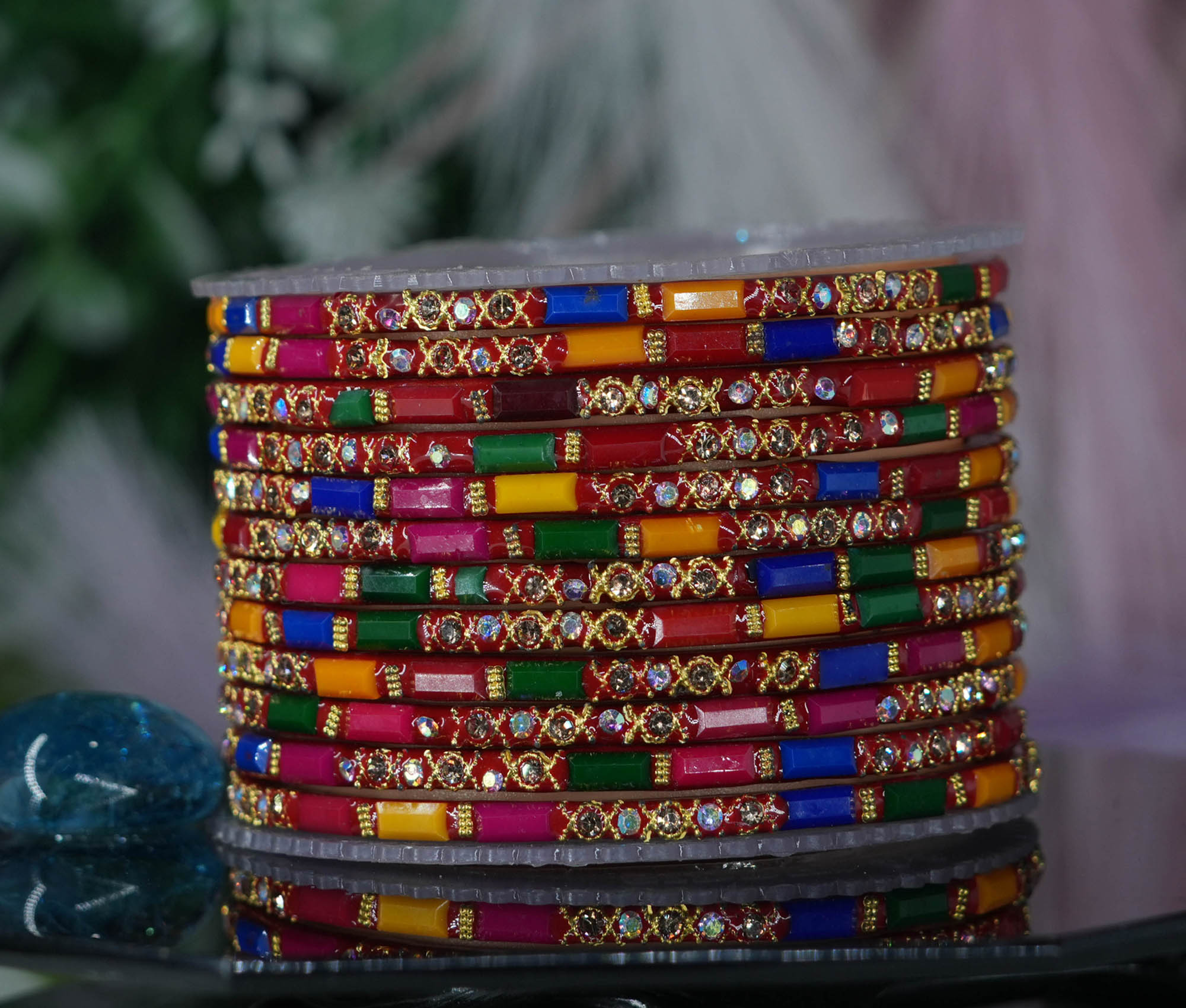 Fancy Multi Color Glass Bangles with Zircon Studded Stone Design for Women & Girls