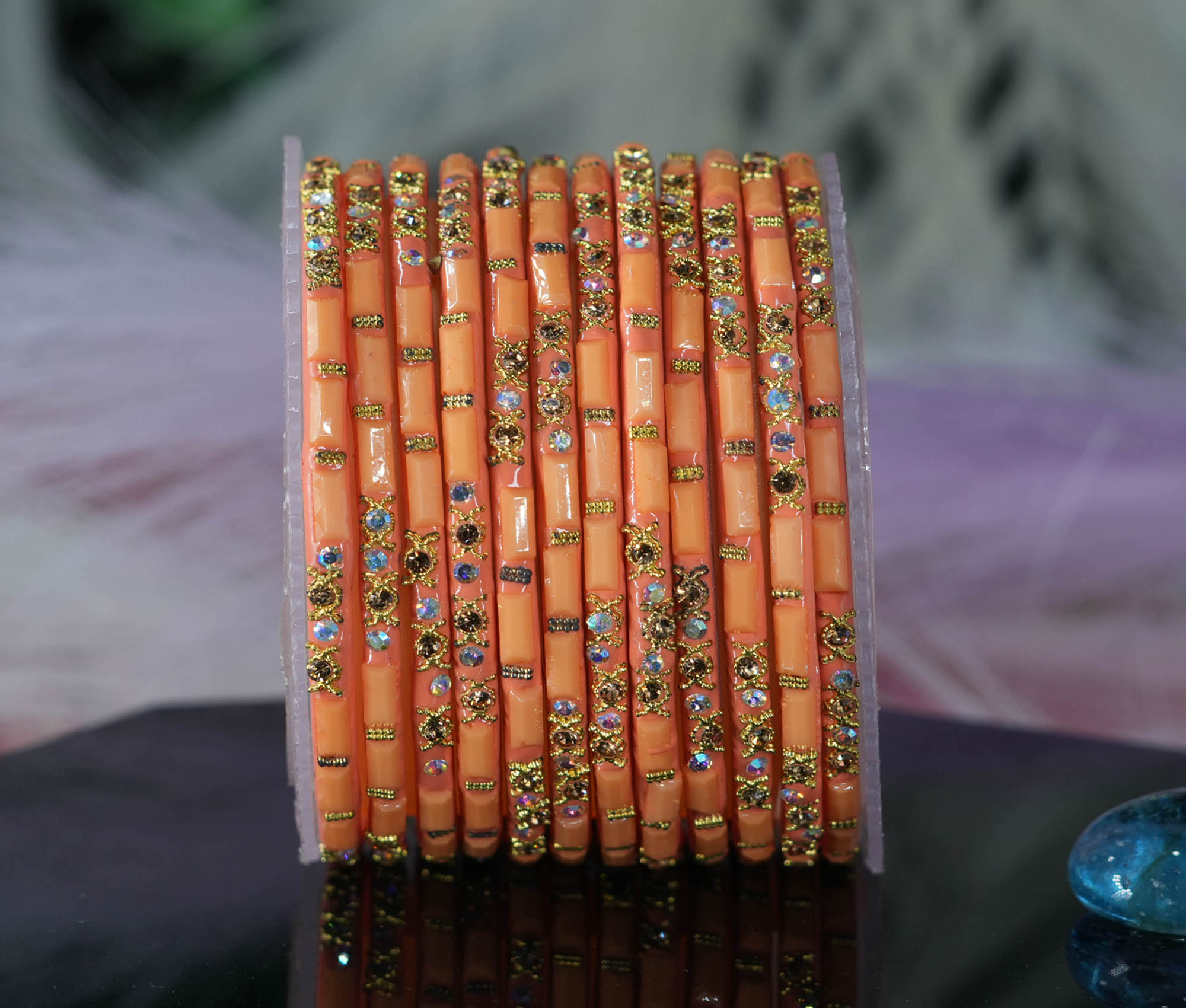 Fancy Peach Color Glass Bangles with Zircon Studded Stone Design for Women & Girls