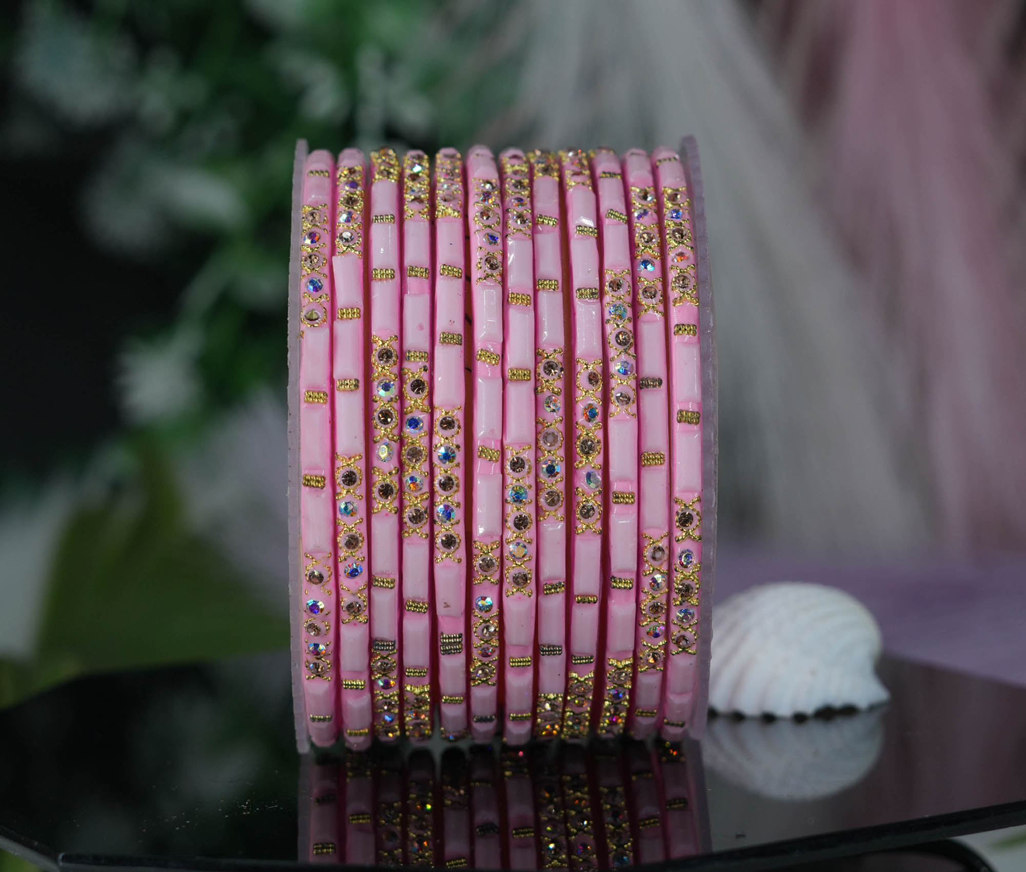 Fancy Pink Color Glass Bangles with Zircon Studded Stone Design for Women & Girls