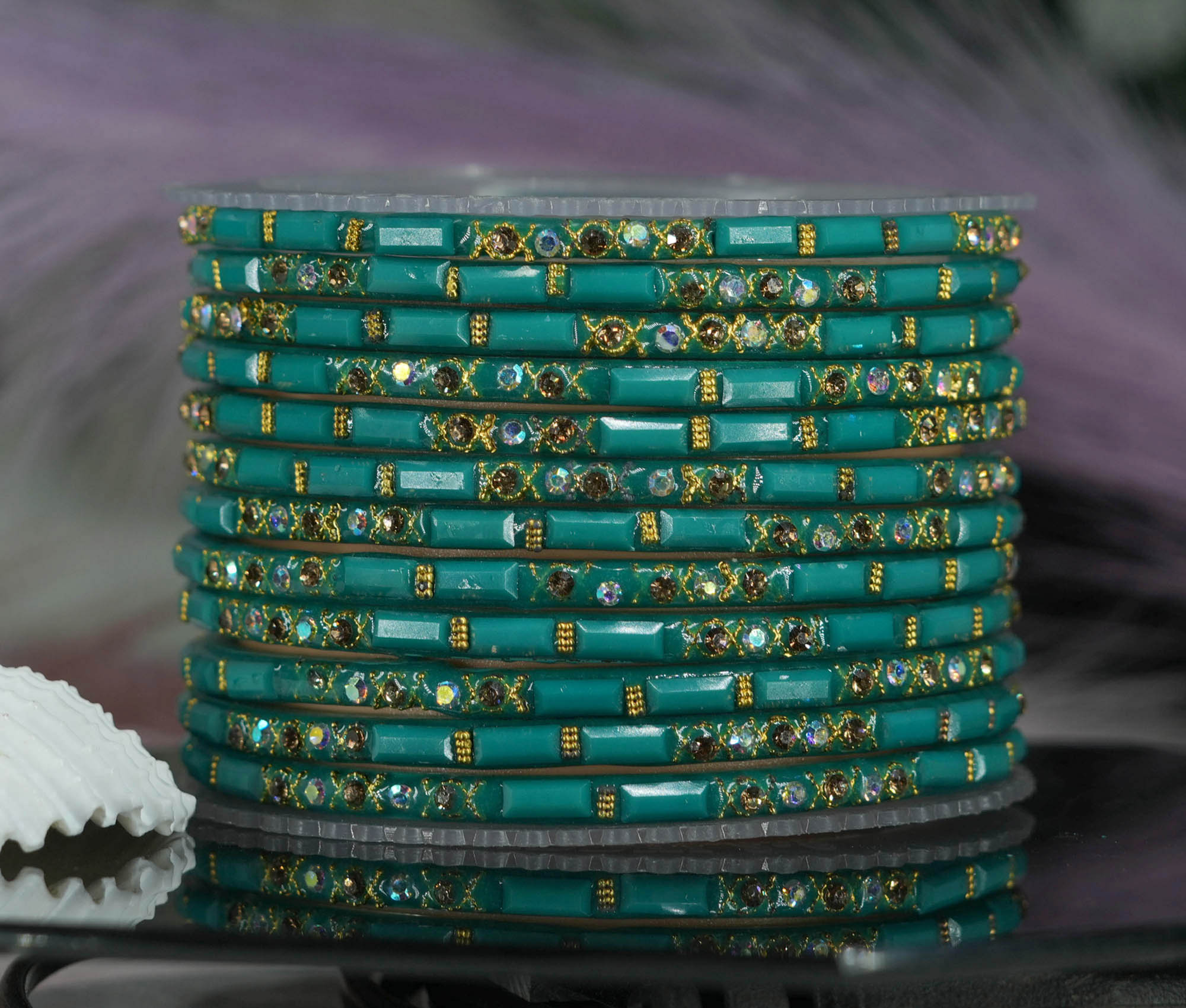 Fancy Radium Color Glass Bangles with Zircon Studded Stone Design for Women & Girls