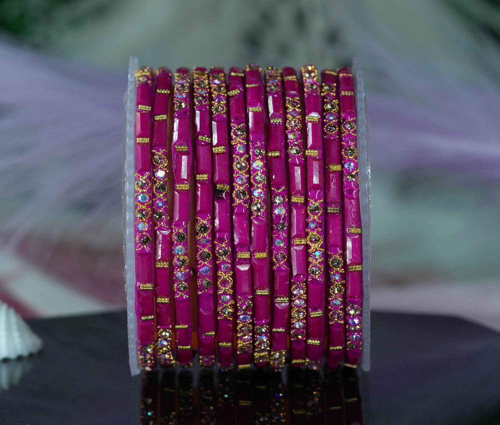 Fancy Rani Color Glass Bangles with Zircon Studded Stone Design for Women & Girls