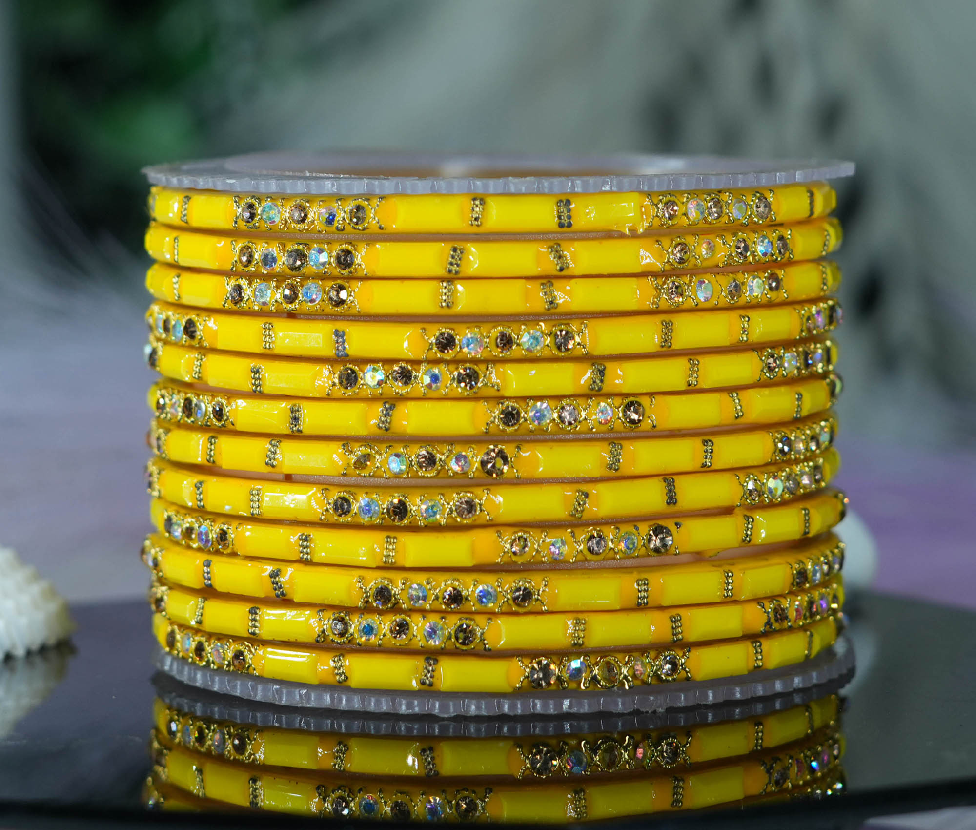 Fancy Yellow Color Glass Bangles with Zircon Studded Stone Design for Women & Girls