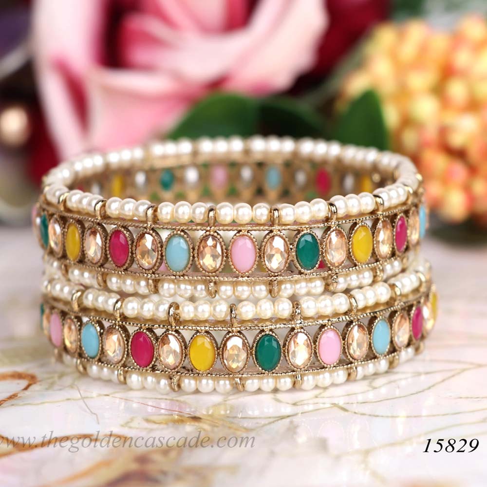 Fancy Gold Plated Multi Color AD Stone Studded Design Metal Kada / Bracelet Jewelry for Women & Girls / (AD-15829)