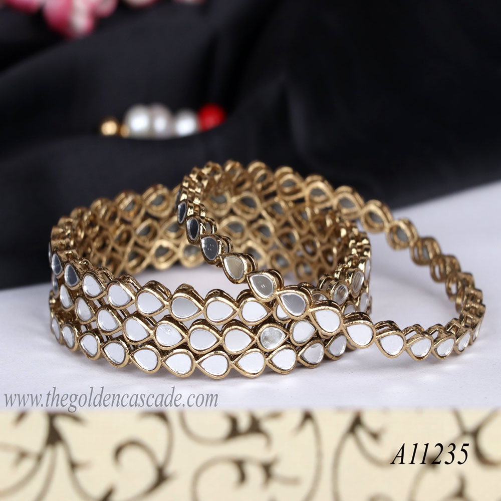 Fancy Gold Plated Mirror Stone Studded Design Metal Kada / Bracelet Jewelry for Women & Girls / (AD-11235)