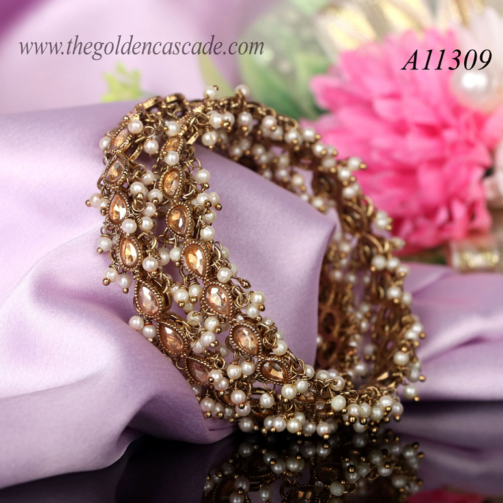 Fancy Gold Plated AD Stone Stone With Pearl Studded Design Metal Kada / Bracelet Jewelry for Women & Girls / (AD-11309)