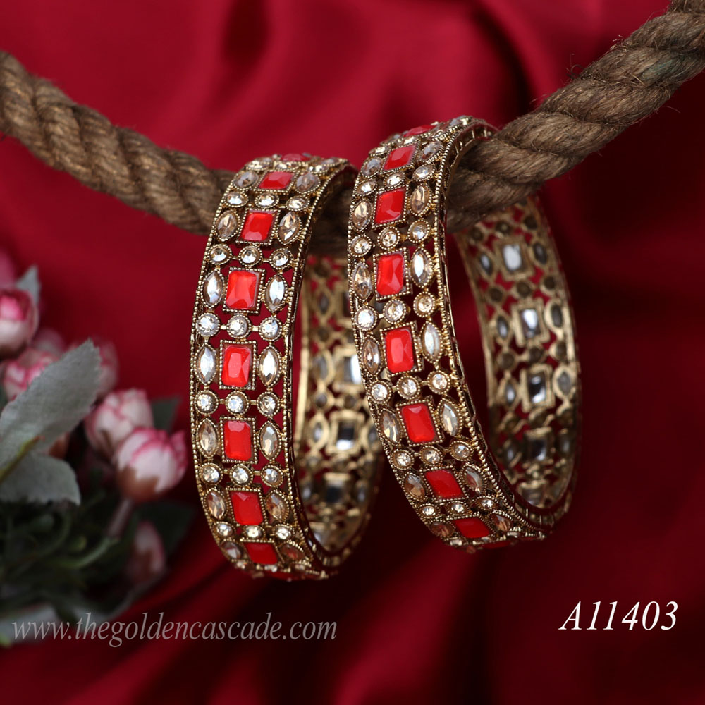 Fancy Gold Plated Red Color AD Stone Studded Design Metal Kada / Bracelet Jewelry for Women & Girls / (AD-11403)