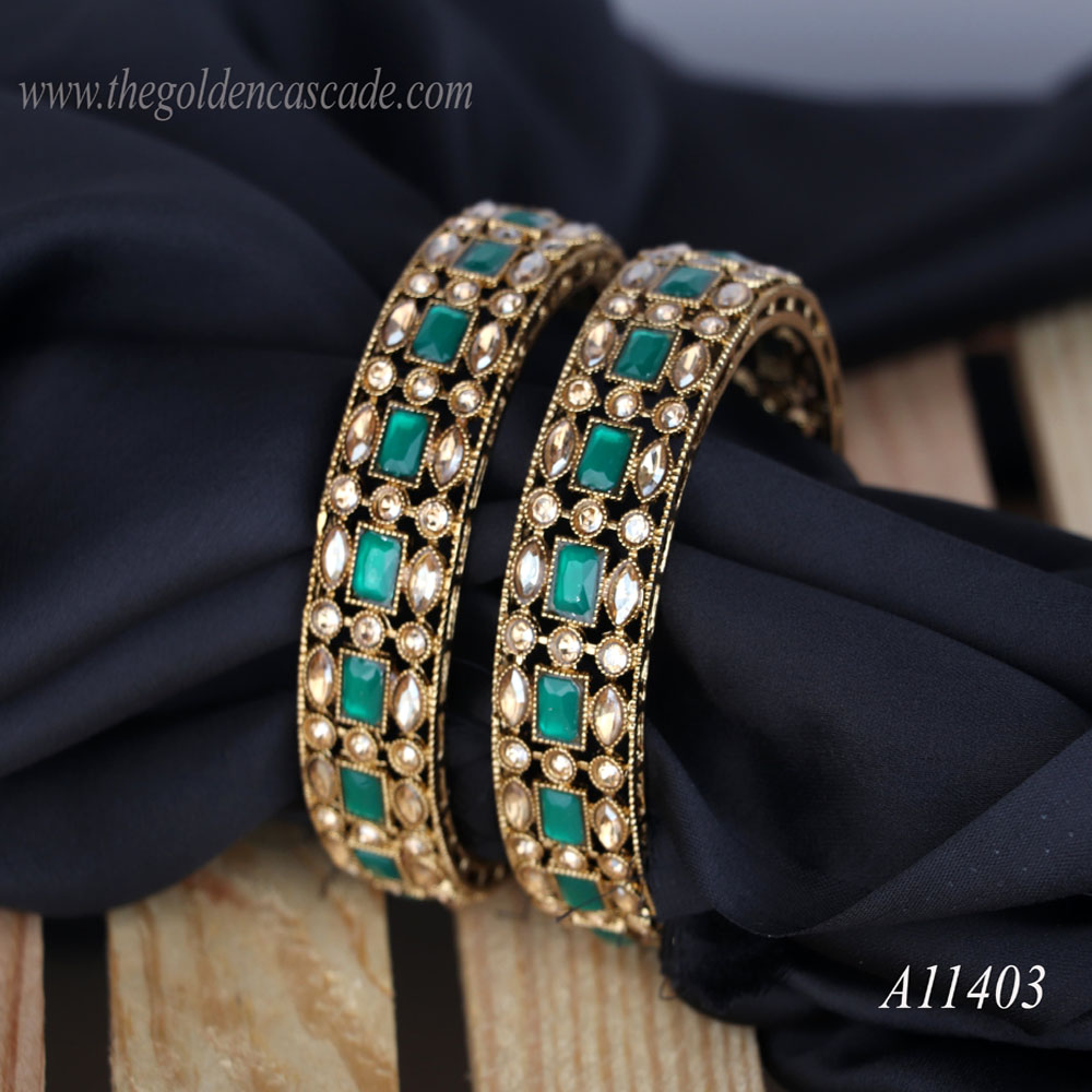 Fancy Gold Plated Green Color AD Stone Studded Design Metal Kada / Bracelet Jewelry for Women & Girls / (AD-11403)