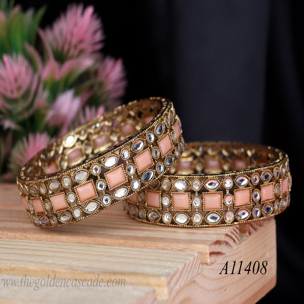 Fancy Gold Plated Peach Color AD Stone Studded Design Metal Kada / Bracelet Jewelry for Women & Girls / (AD-11408)