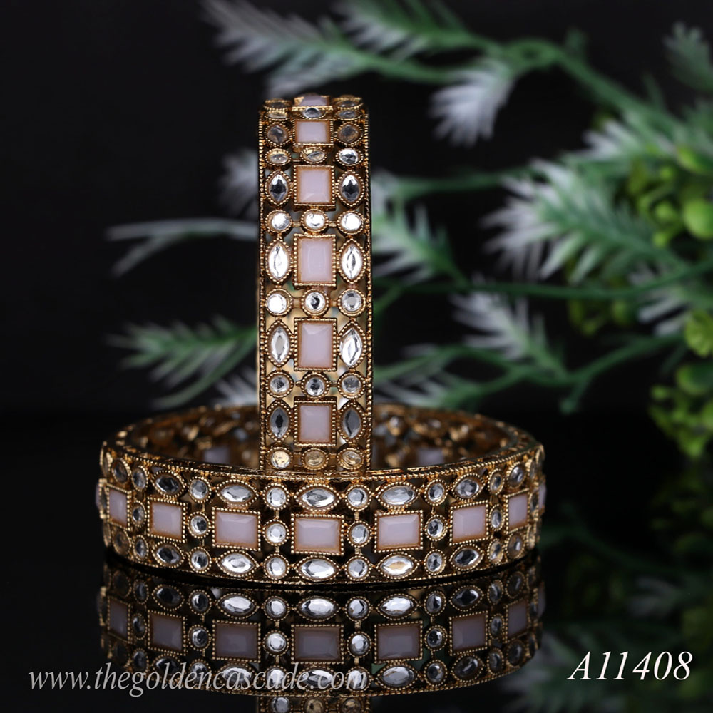 Fancy Gold Plated Pink Color AD Stone Studded Design Metal Kada / Bracelet Jewelry for Women & Girls / (AD-11408)