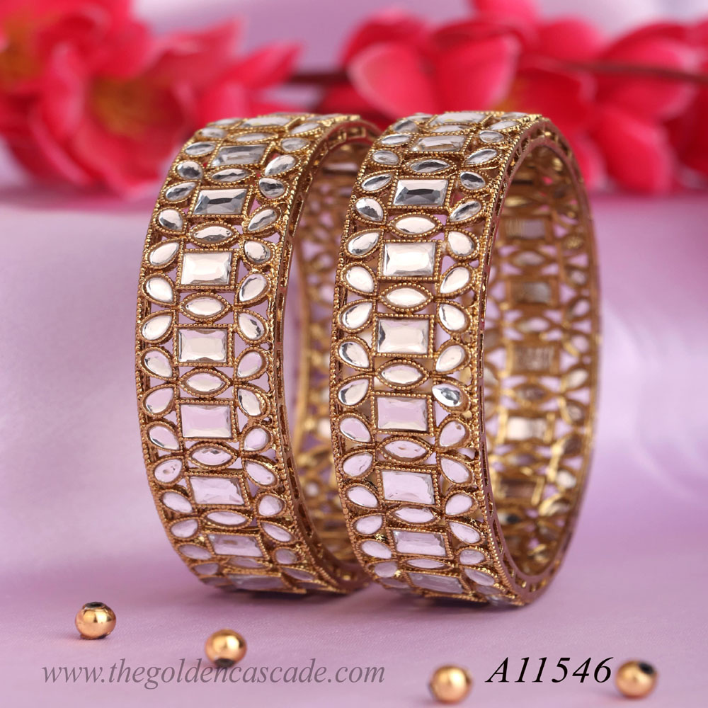 Fancy Gold Plated Mirror Stone Studded Design Metal Kada / Bracelet Jewelry for Women & Girls / (AD-11546)