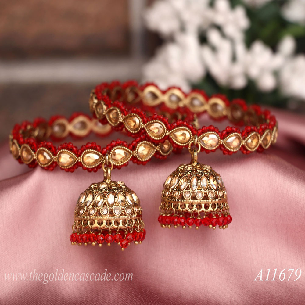 Fancy Red Color Gold Plated Latkan Design AD Stone with Pearl Studded Metal Kada / Bracelet Jewelry for Women & Girls / (AD-11679)