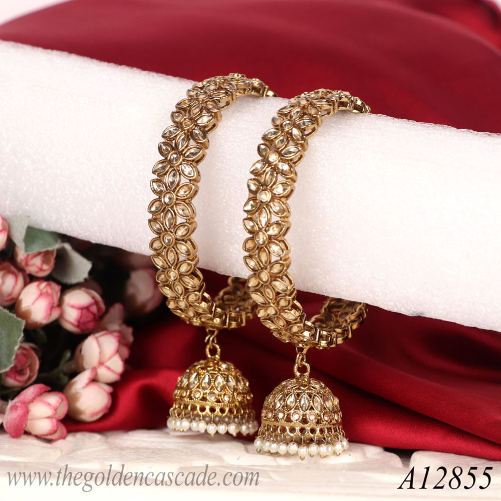 Fancy Gold Plated Latkan Design AD Stone with Pearl Studded Metal Kada / Bracelet Jewelry for Women & Girls / (AD-12855)