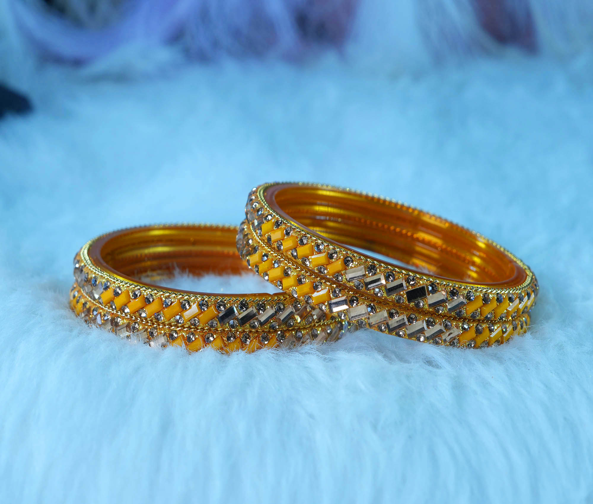 Fancy Design Haldi Color Zircon Stone Studded Glass Kada Bangles for Women & Girls