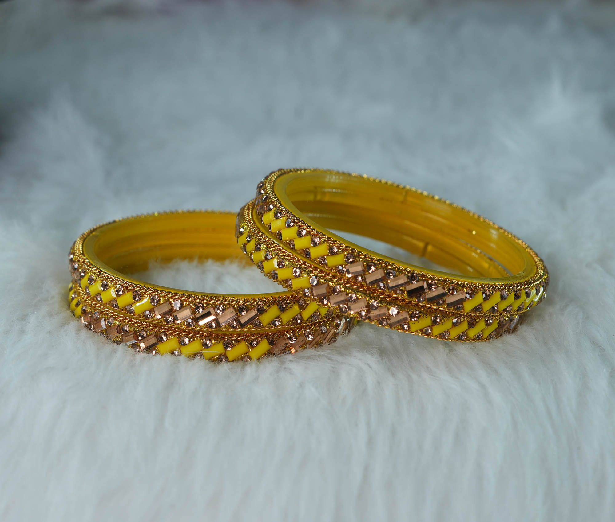 Fancy Design Yellow Color Zircon Stone Studded Glass Kada Bangles for Women & Girls